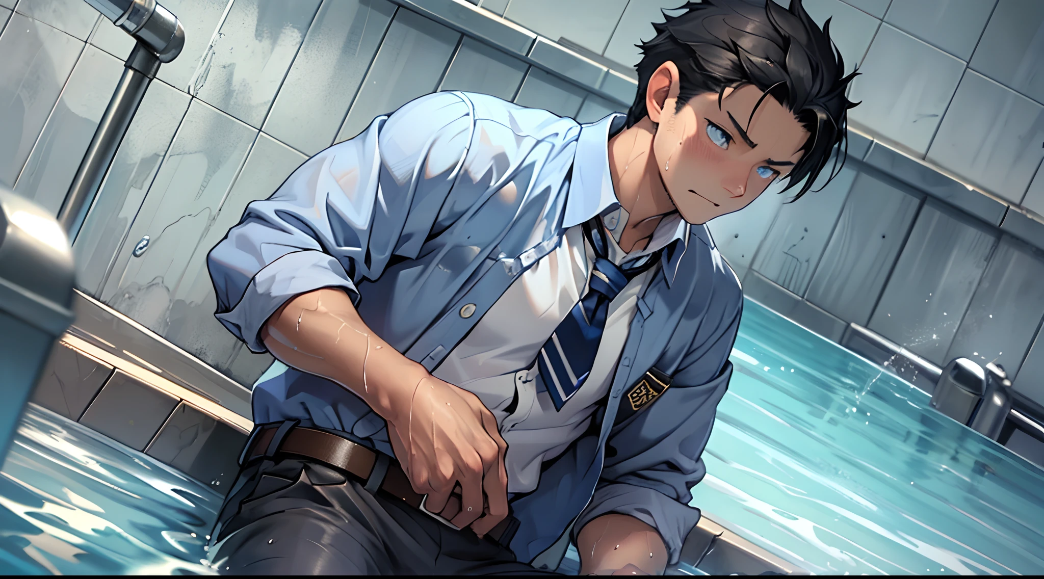 (1 Adult male),A high resolution, Sharp focus, Pixiv masterpiece, ((Complicated details)), highly detailed, natsuki_subaru, 1 man,perfect male figure,Urine on the trouser leg, Nervously bow your head,is shy,embarressed,exhilarated,is shocked,panicking,worry,A pool of urine formed around him,Very eager to pee,Unbearable,Wet yourself,Urine discharge,full bodyesbian,sit astride,Tired,decadent, blue color eyes(eyes glowing), Black hair short hair,white shirt,Wear a tie,Wear a belt,trousers,perspire,Drenched,Get wet,pissing,urine flows down the pants,look from down