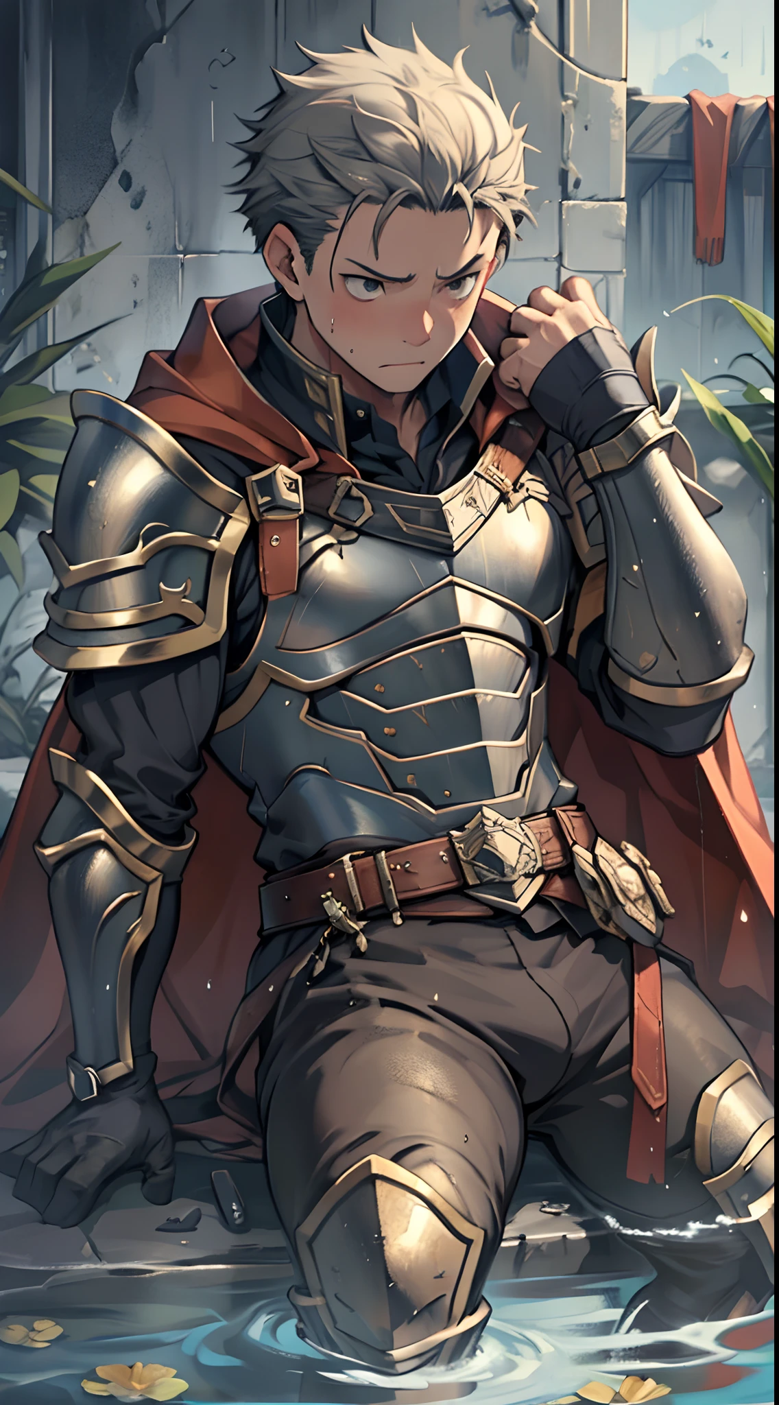 (1 Adult male),A high resolution, Sharp focus, Pixiv masterpiece, ((Complicated details)), highly detailed, natsuki_subaru, 1 man,Wearing armor,perfect male figure,Urine on the trouser leg, Nervously bow your head,is shy,embarressed,exhilarated,is shocked,panicking,worry,A pool of urine formed around him,Very eager to pee,Unbearable,Wet yourself,Urine discharge,full bodyesbian,sit astride,Tired,decadent, Black eyes(eyes glowing), Short gray hair,White armor,Tie a belt,Cloaked,Cloak,Shoulder armor,perspire,Drenched,Get wet,pissing,urine flows down the pants,look from down