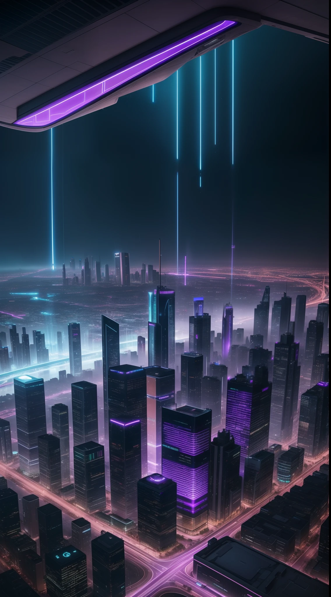 A futuristic and distracted city, with large buildings that defy gravity with their aesthetic designs and illuminated with violet colors, morado, azules y verdes. The lights of futuristic photography vehicles are reflected on the pavement by the rain that falls on the city.. hiperrealista, 8k, Aerial view of major highways at the foot of large buildings.