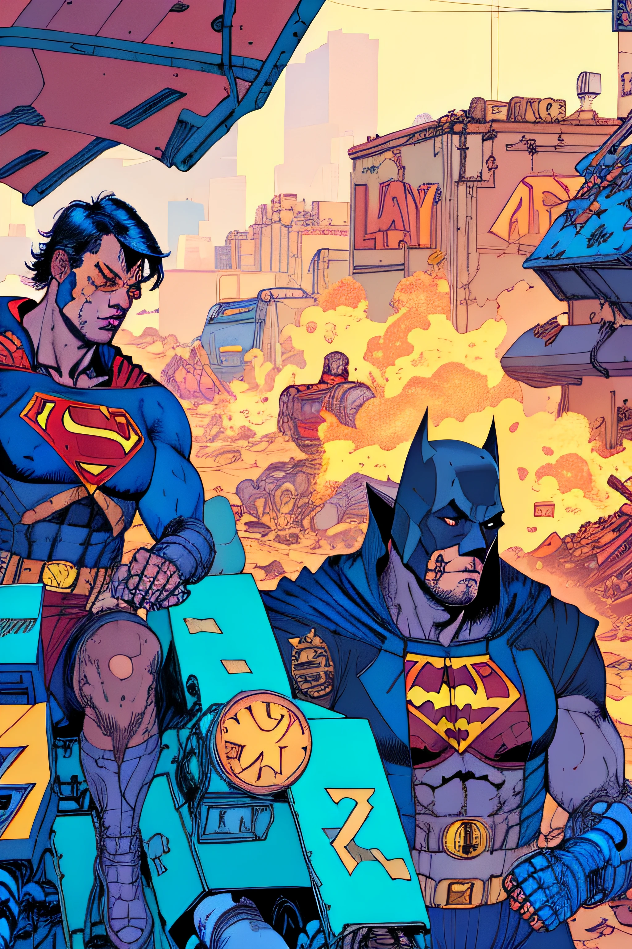 batman and superman hangover on junkyard, by josan gonzalez