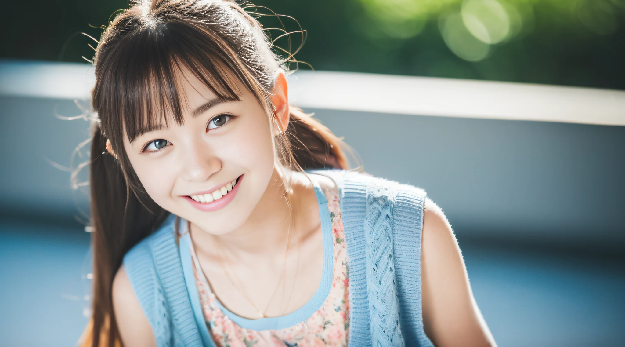 Female student　Japanese　very cute　Natural feel　boyish　16 years old　Shortcuts　sweets　Cowboy shot from above　Dimples　mole