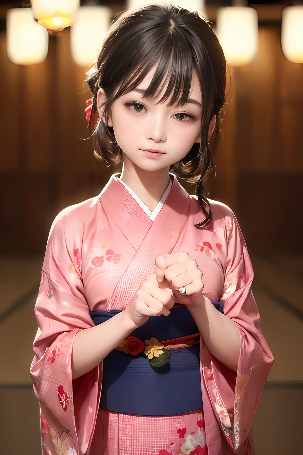 (1young girl), Extremely cute face, Amazing face and eyes, (Highly detailed eyes, Highly detailed face), fresh, Very clean appearance, (Hyper-realistic, hight resolution), (Best Quality:1.4), Raw photo, (Realistic, Photorealsitic:1.37), Professional Photography, (light pink floral pattern yukata:1.5), (Open yukata), (cleavage:1.2), (Bare shoulders), Smile slightly, (Staring at me), Bedroom, girl portrait,