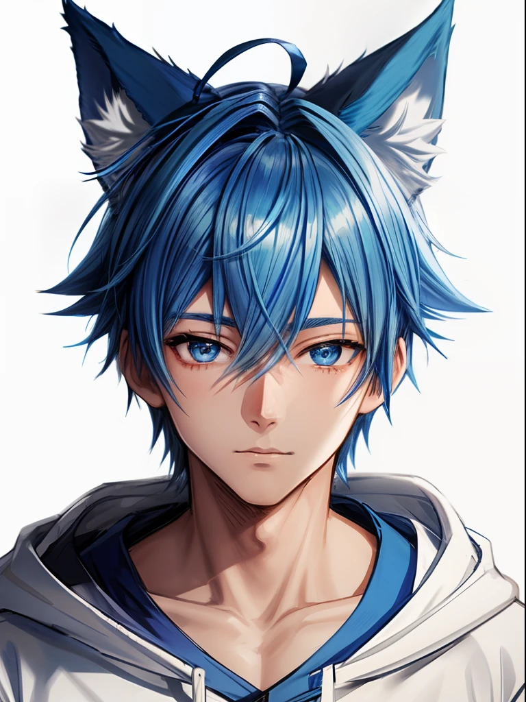 a close up of a boy with a blue hair and blue fox ears wearing a white hoodie, anime style, closeup picture, sprite 2 d, anime vtuber closeup model, full head