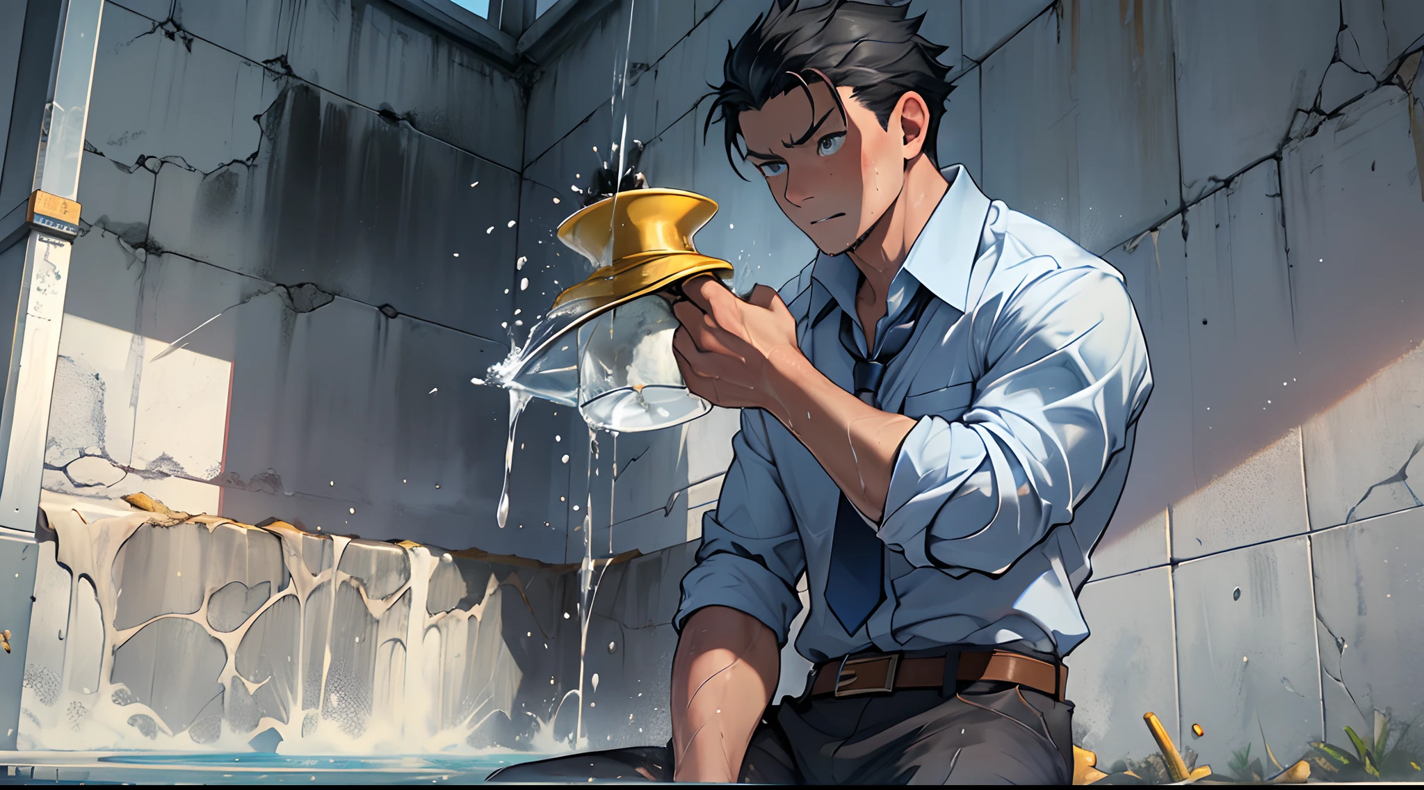 (1 Adult male),A high resolution, Sharp focus, Pixiv masterpiece, ((Complicated details)), highly detailed, natsuki_subaru, 1 man,perfect male figure,Urine on the trouser leg, Nervously bow your head,is shy,embarressed,exhilarated,is shocked,panicking,worry,A pool of urine formed around him,Very eager to pee,Unbearable,Wet yourself,Urine discharge,full bodyesbian,sit astride,Tired,decadent, blue color eyes(eyes glowing), Black hair short hair,white shirt,Wear a tie,Wear a belt,trousers,perspire,Drenched,Get wet,pissing,urine flows down the pants,look from down