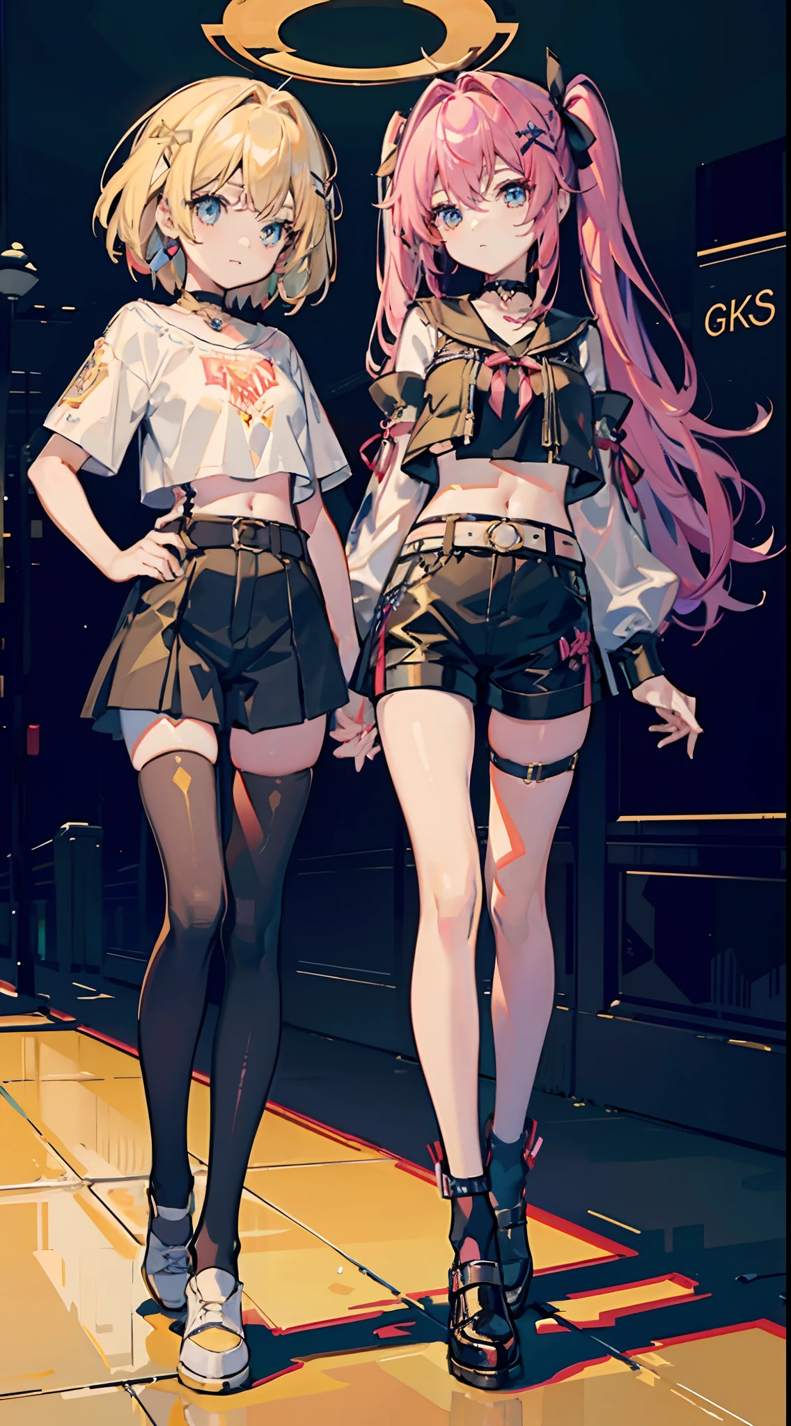 ,twins, Masterpiece,Best quality,offcial art,Extremely detailed Cg Unity 8K wallpaper, 2girls, cute female child, Yuri, hair adornments, Short shorts, Crop top, Pantyhose, ribbon_choker necklace, leg belt,