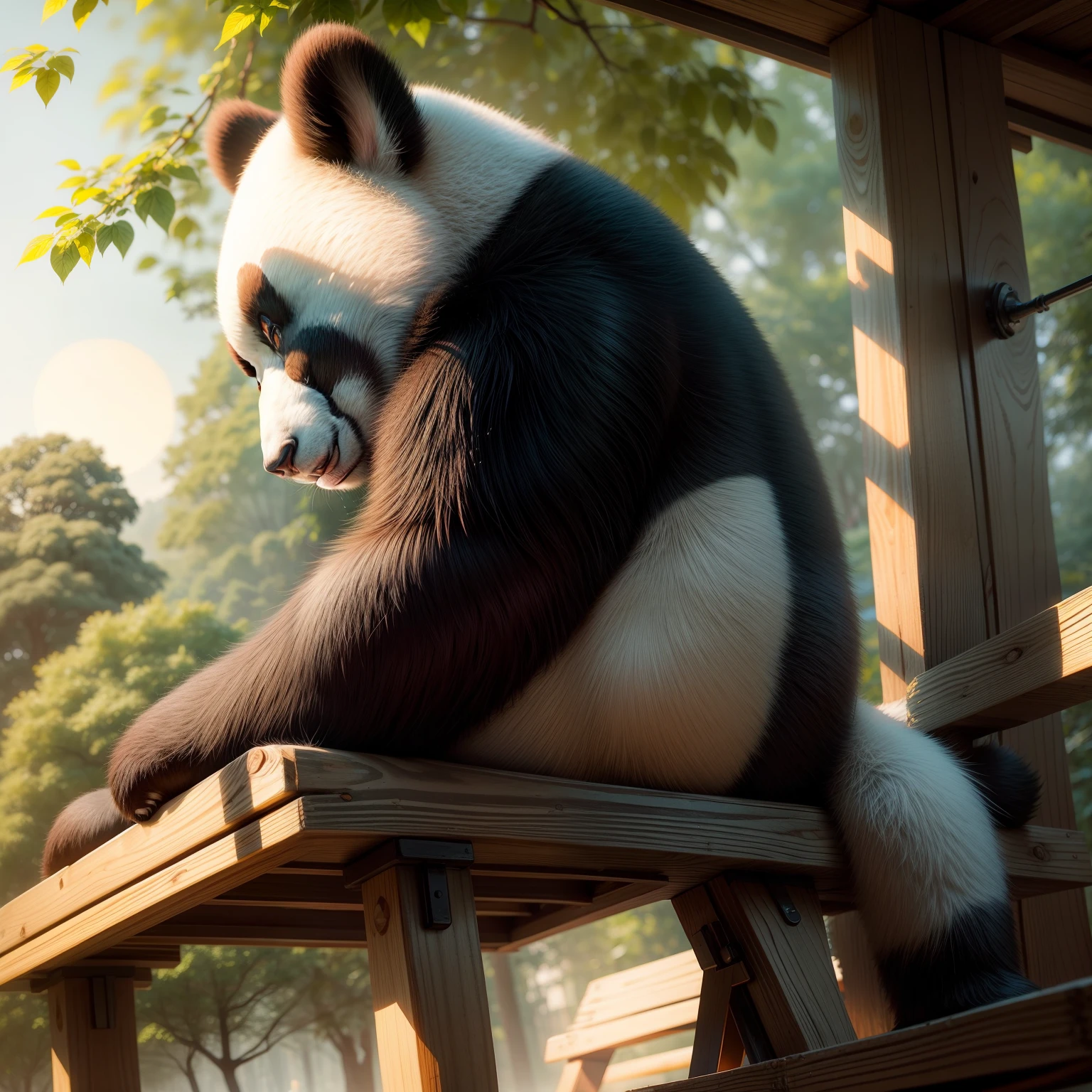 A panda，style of photography，sit on chair，and the sun was shining brightly