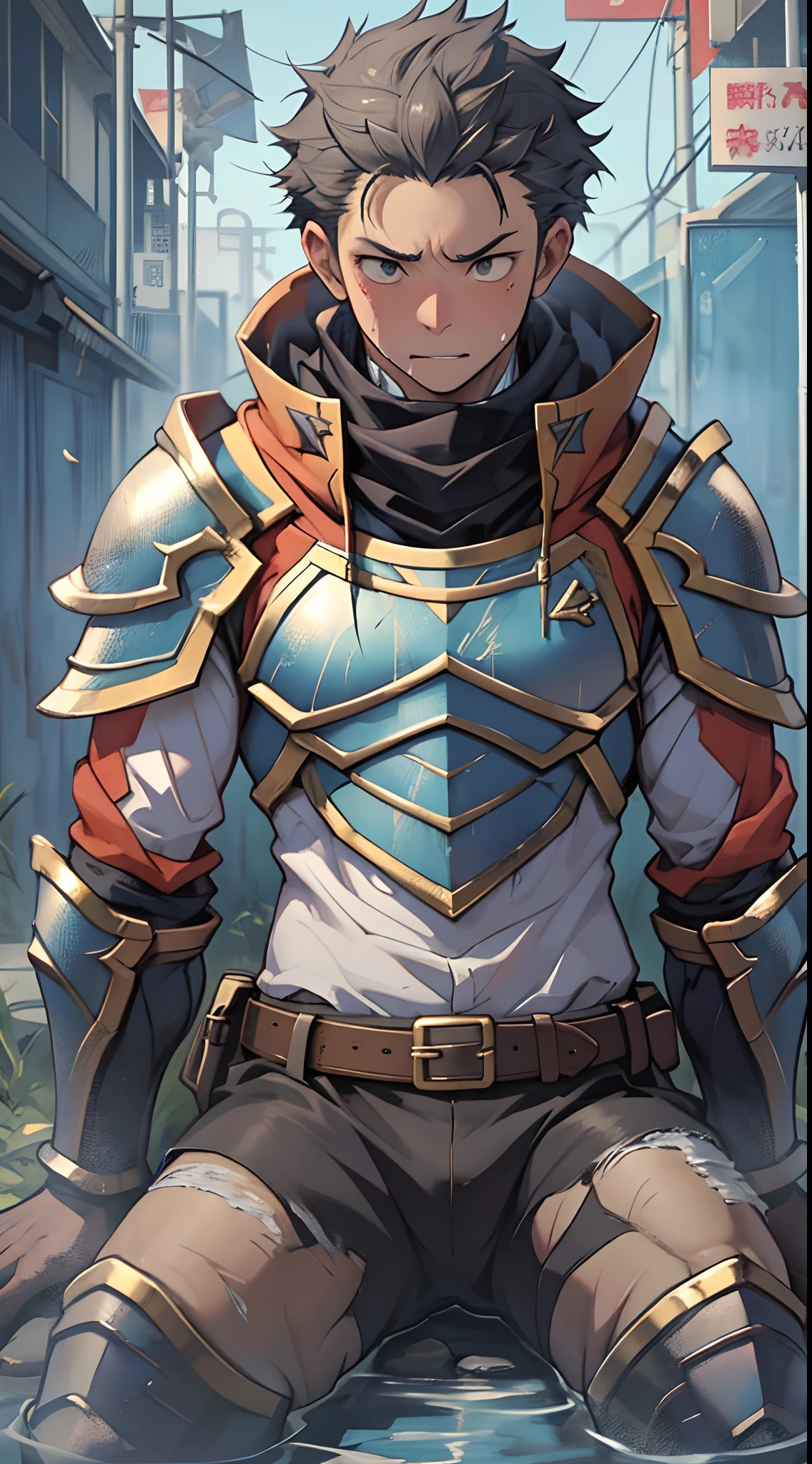 (1 Adult male),A high resolution, Sharp focus, Pixiv masterpiece, ((Complicated details)), highly detailed, natsuki_subaru, 1 man,Wearing armor,perfect male figure,Urine on the trouser leg, Nervously bow your head,is shy,embarressed,exhilarated,is shocked,panicking,worry,A pool of urine formed around him,Very eager to pee,Unbearable,Wet yourself,Urine discharge,full bodyesbian,sit astride,Tired,decadent, Black eyes(eyes glowing), Short gray hair,White armor,Tie a belt,Cloaked,Cloak,Shoulder armor,perspire,Drenched,Get wet,pissing,urine flows down the pants,look from down