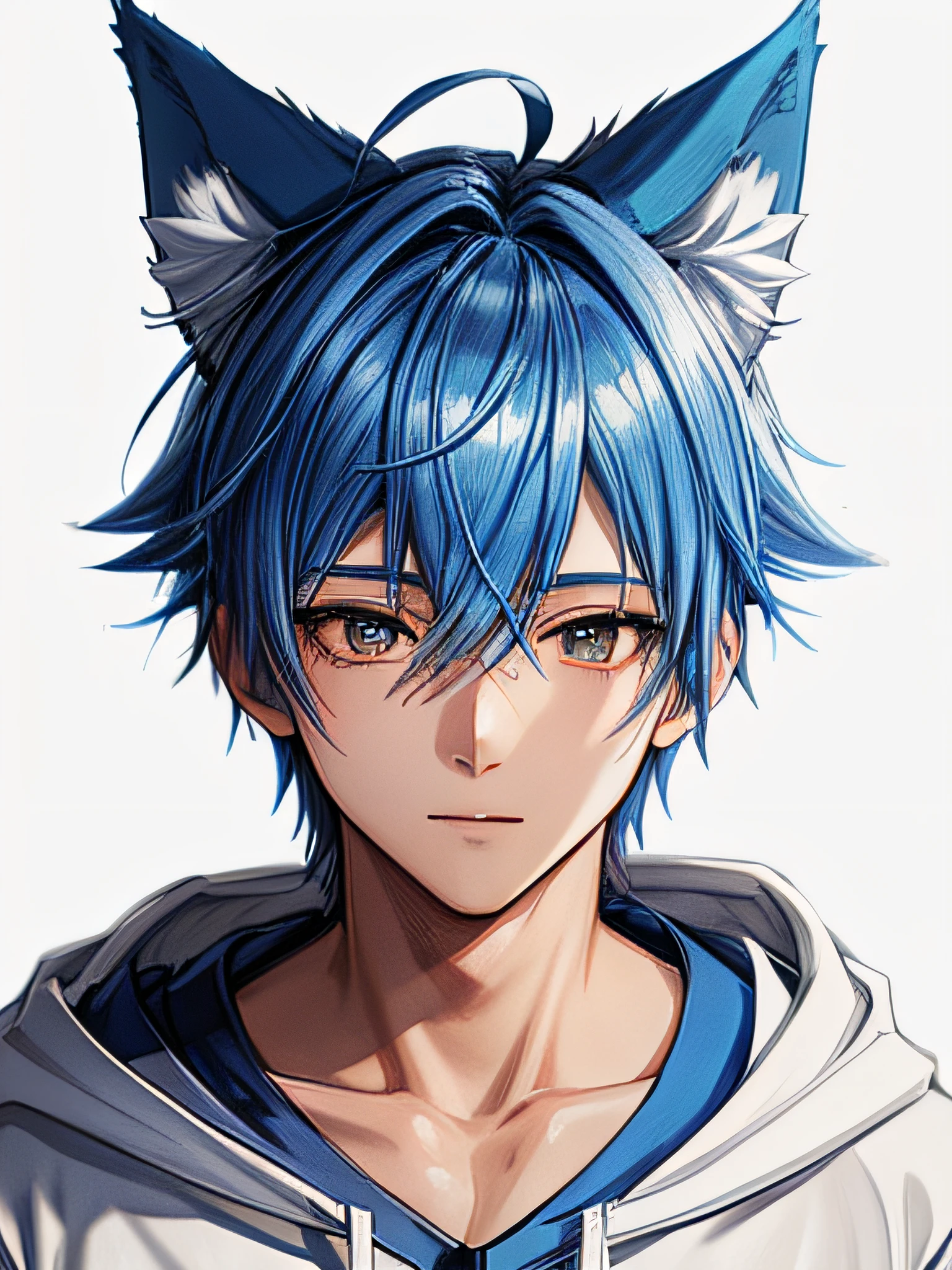 a close up of a boy with a blue hair and blue fox ears wearing a white hoodie, anime style, closeup picture, sprite 2 d, anime vtuber closeup model, full head