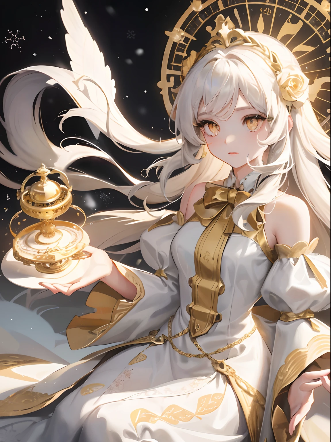 1woman, white long wavy hair, swept bangs, ((golden eyes)), intricate gown, snowing background, dress fluttering, Victorian dress, holding a circular music box