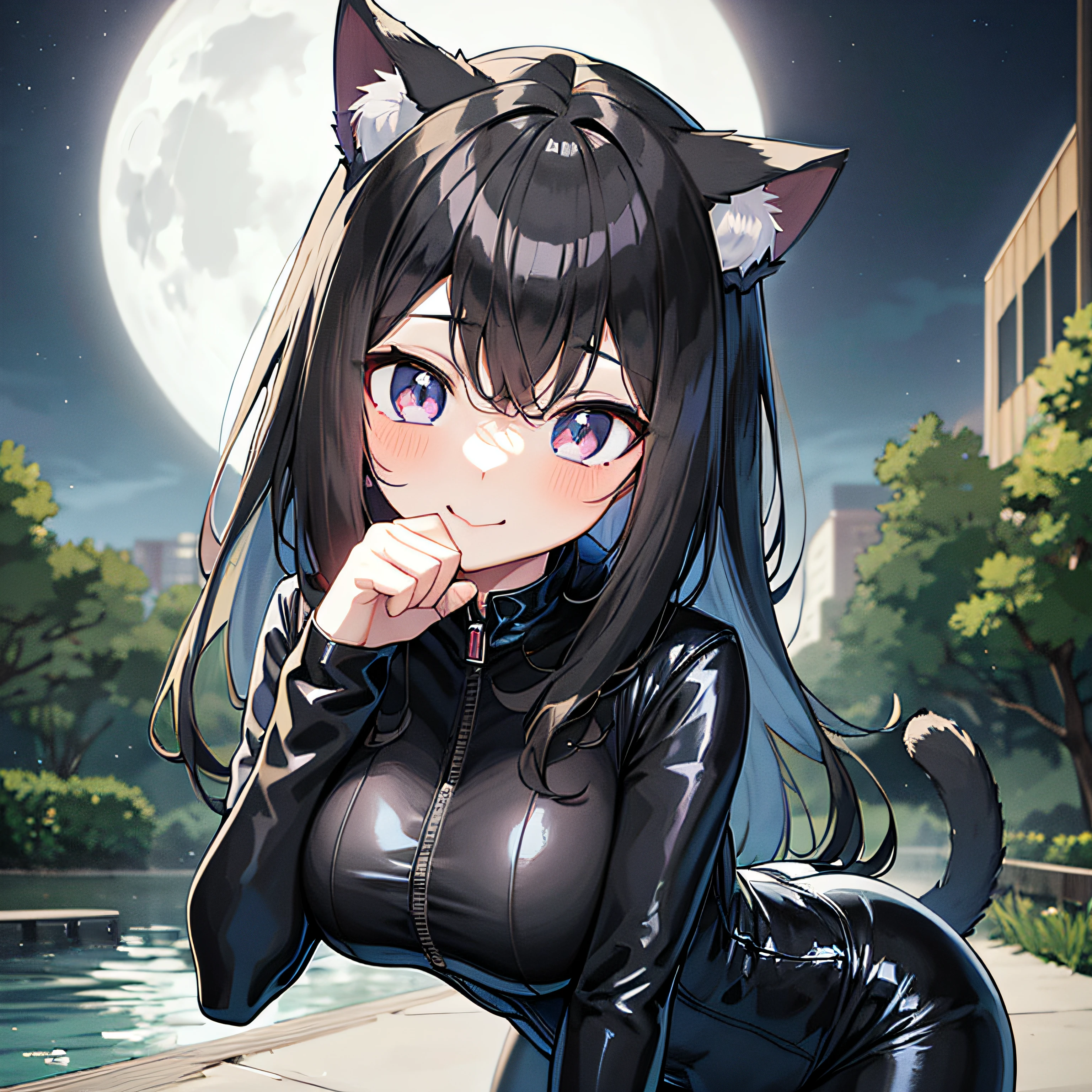 Anime girl in black catsuit posing in front of full moon, A slight smil,  attractive cat girl, cute anime catgirl, beautiful anime catgirl, anime catgirl, Very Beautiful Anime Cat Girl, Cat Girl, catgirl, Anime girl with cat ears, anime cat, very beautiful cute catgirl, beautiful young catgirl, Nekomimi, realistic anime cat