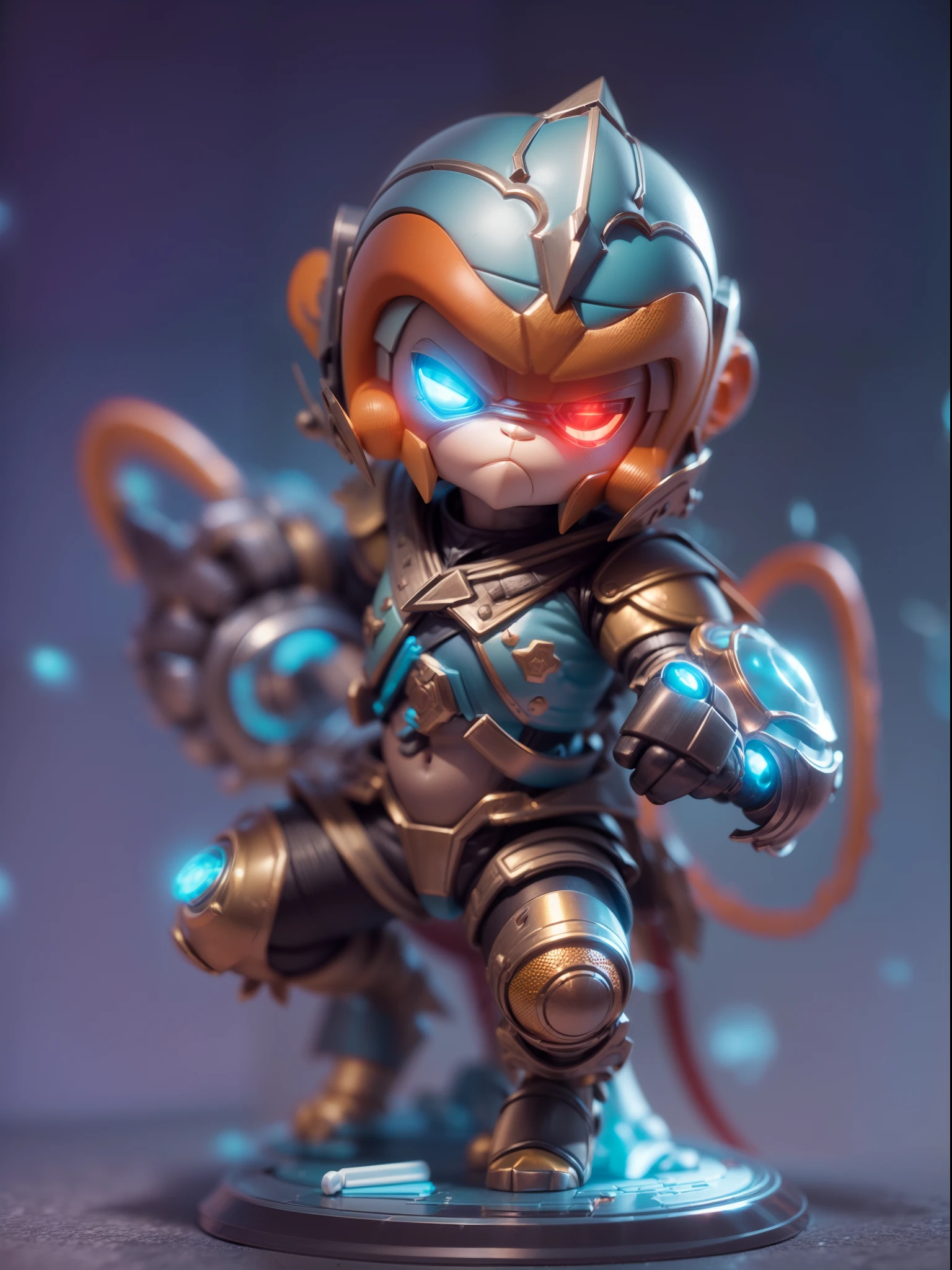 (Blind box toy style:1.3),((Full body shot))(anthropomorphism) , (1 strong monkey metal warrior)(((solo))) metal armor,dreamy glow, Clean dark background,Red cyan style，(circular base）( Global illumination, Ray tracing, hdr, unreal render,reasonable design, high detail, Masterpiece, Best quality, hyper HD, Cinematic lighting)