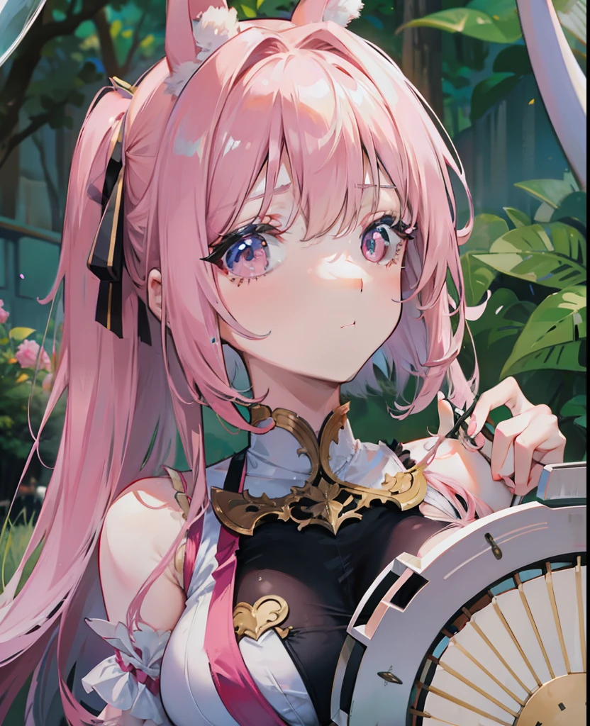 Light pink delicate hair，Sexy big breasts，Affectionate fan eyes，Rabbit ears，dual horsetail