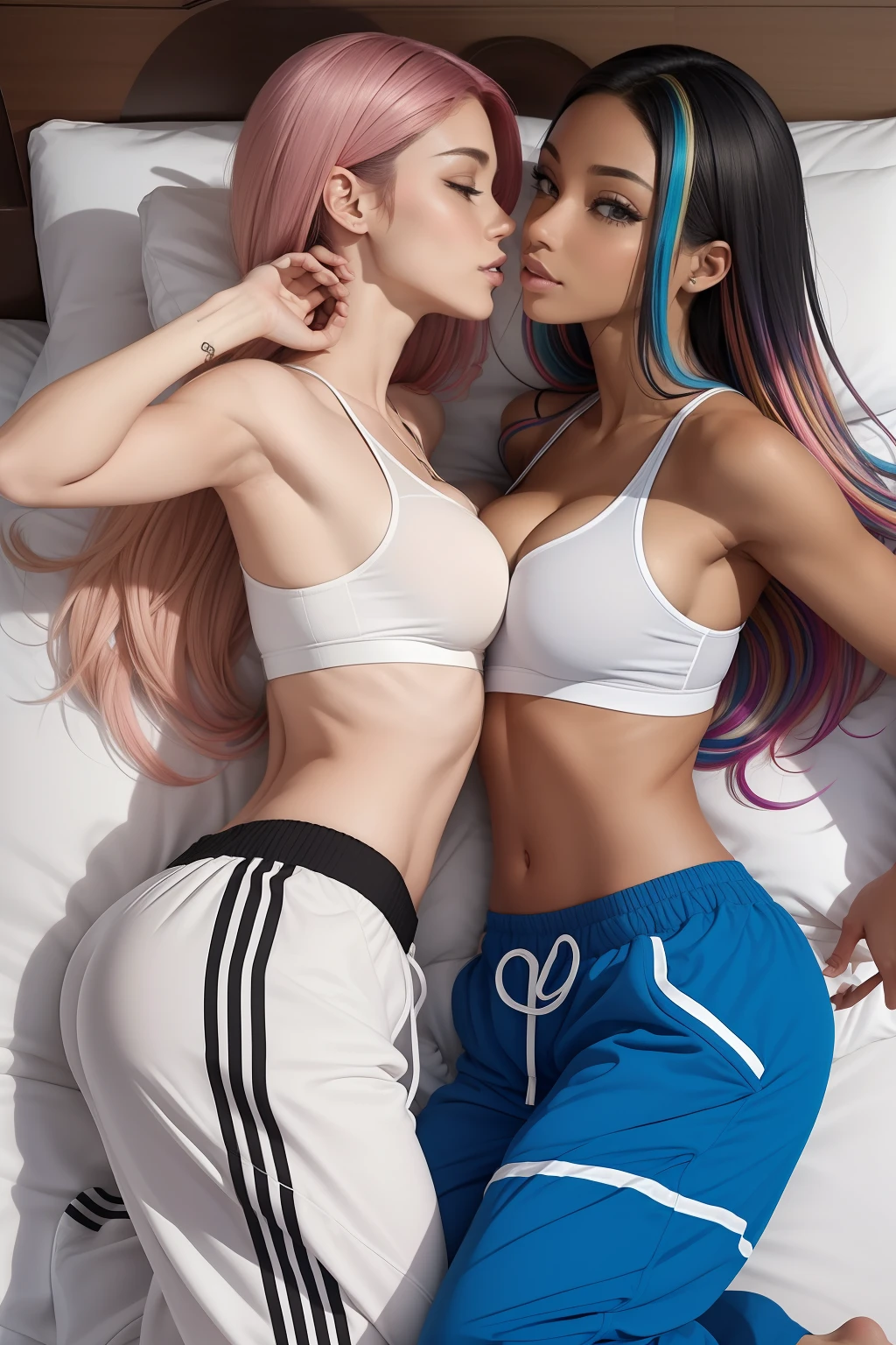 Two women kissing and lying in bed wearing Adidas Baggy pants, cabelos multicoloridos, olhos multicoloridos, Anatomia correta, preciso, super detalhe, melhor qualidade, pele texturizada, retina correta, Eye correction, beijo realista, corpo inteiro, Estilo anime