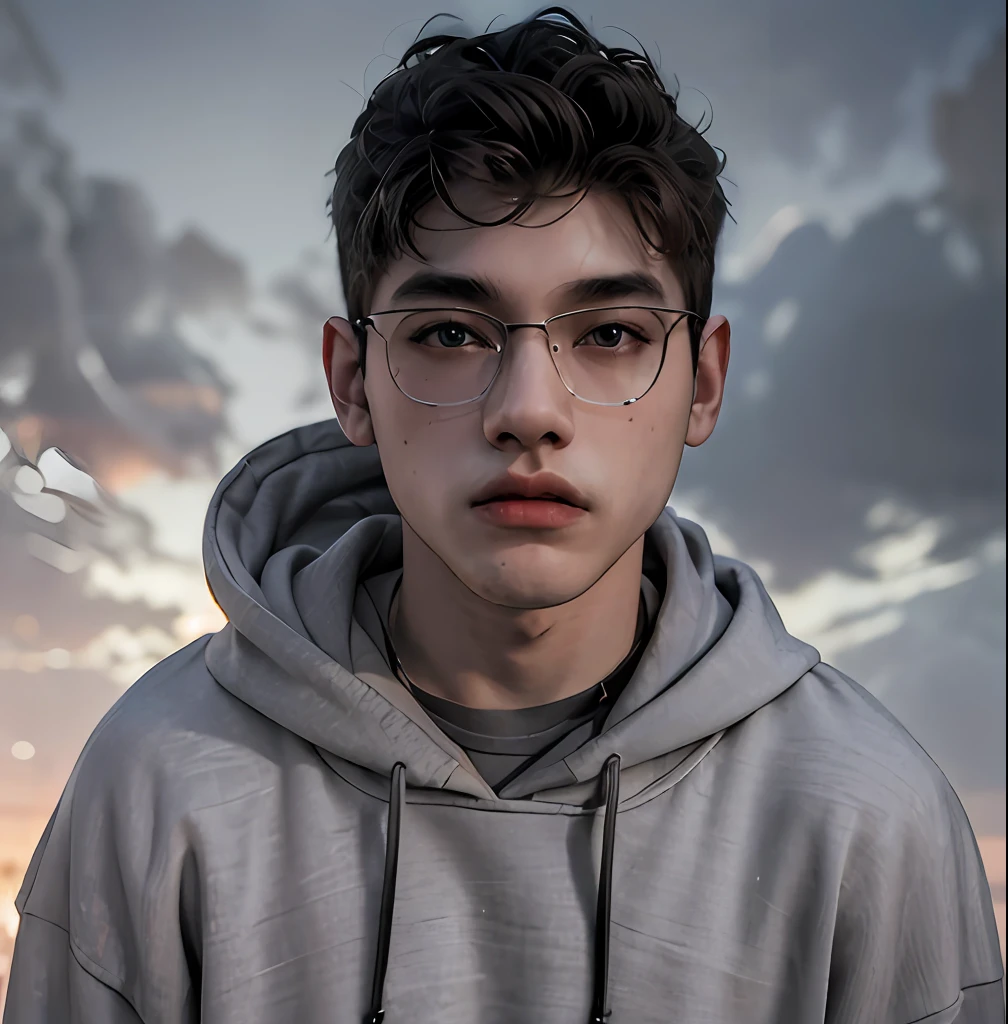 (masterpiece:1.2), (best quality:1.2), hyper realistic,highestres,absurdres,extremely detailed,volumetic,dramatic lighting,(frontal view),
20 year old boy,face,detailed eyes, gray hoodie, black t-shirt, with background ((sky))