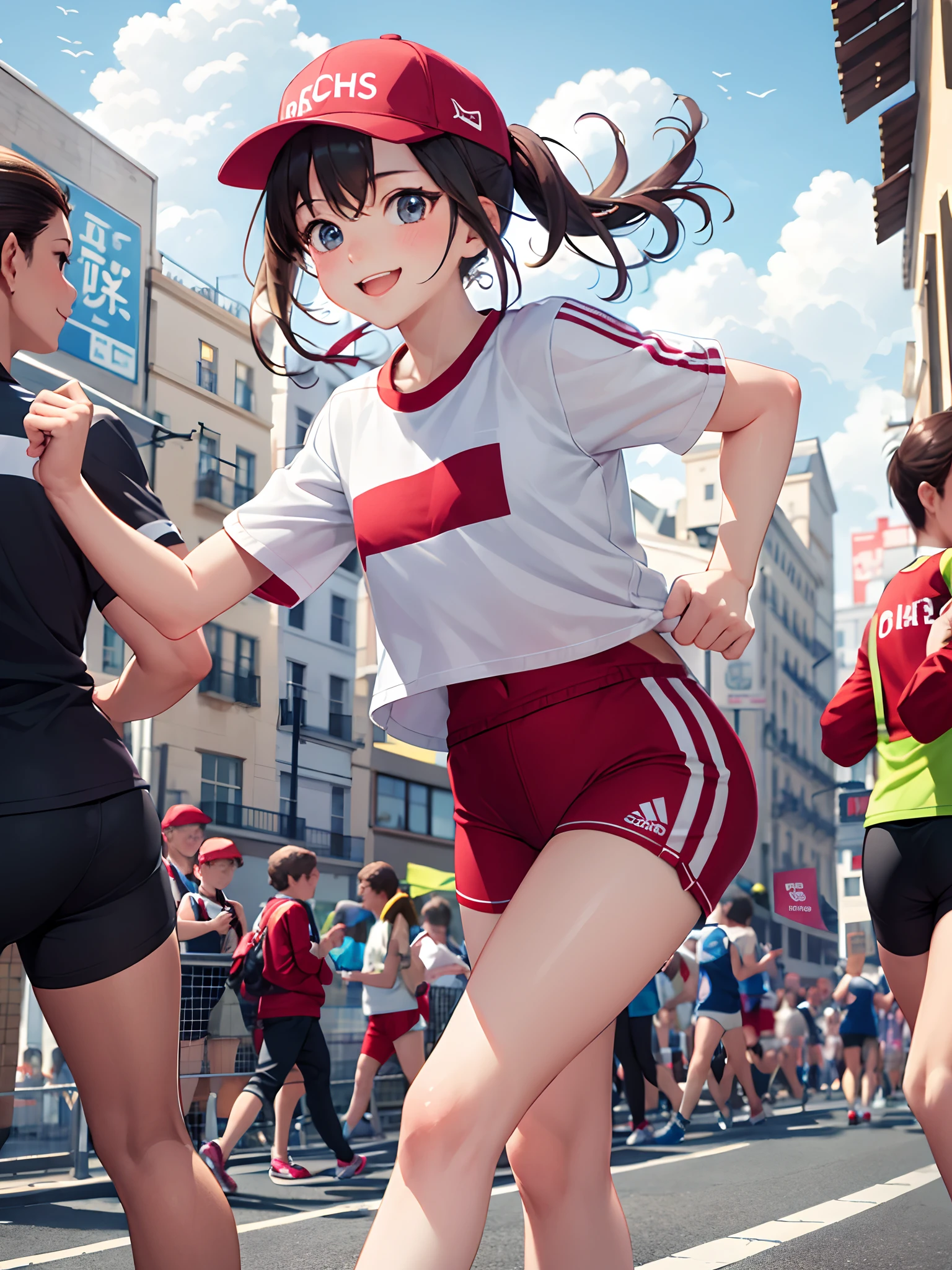 (Masterpiece, best quality, exquisite details), 1 girl, solo, background street, smile, cute, red clothes, sportswear, wearing caps, running, crowd onlooking, lively, exquisite, white clouds. Sunny, remember, take pictures