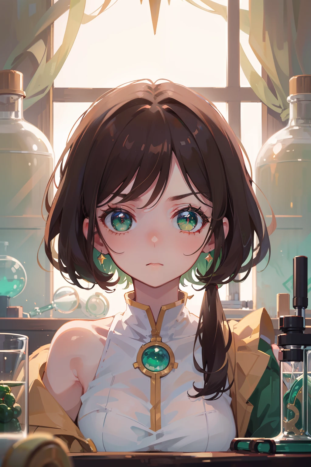 (masterpiece), (best quality), ultra high res, sharp focus, ((1 woman, solo)), warm pastel tone), upper body, ducth shot, beautiful detailed hair, chesnut brown hair, shoulder length hair, ((beautiful shape eyes, green eyes)), beautiful detailed face, perfect feminine face, serious face, look at the viewer, (scientist outfit:1.2), (in the laboratorium)