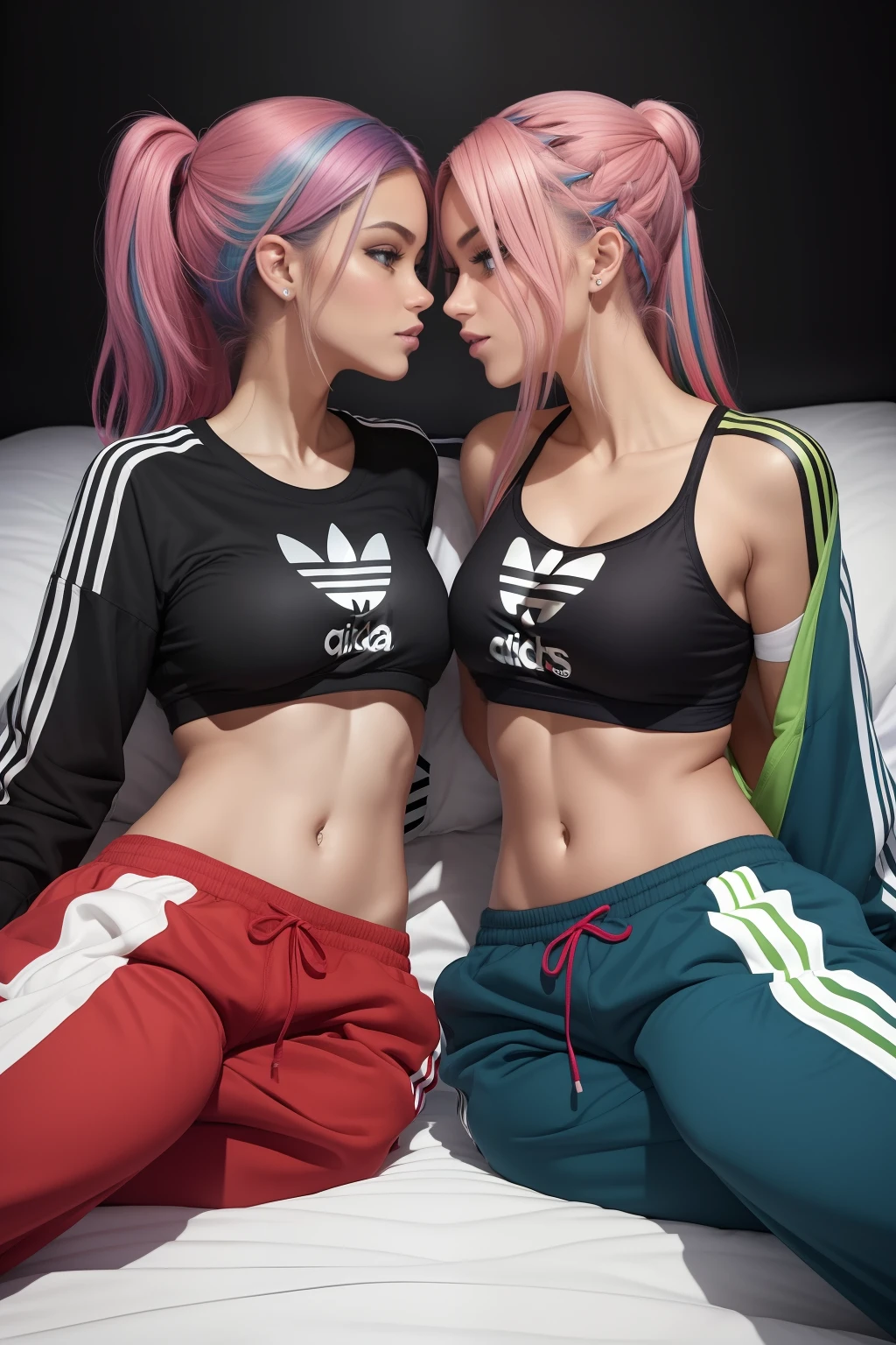 Two women kissing and lying in bed wearing Adidas Baggy pants, cabelos multicoloridos, olhos multicoloridos, Anatomia correta, preciso, super detalhe, melhor qualidade, pele texturizada, retina correta, Eye correction, beijo realista, corpo inteiro, Estilo anime