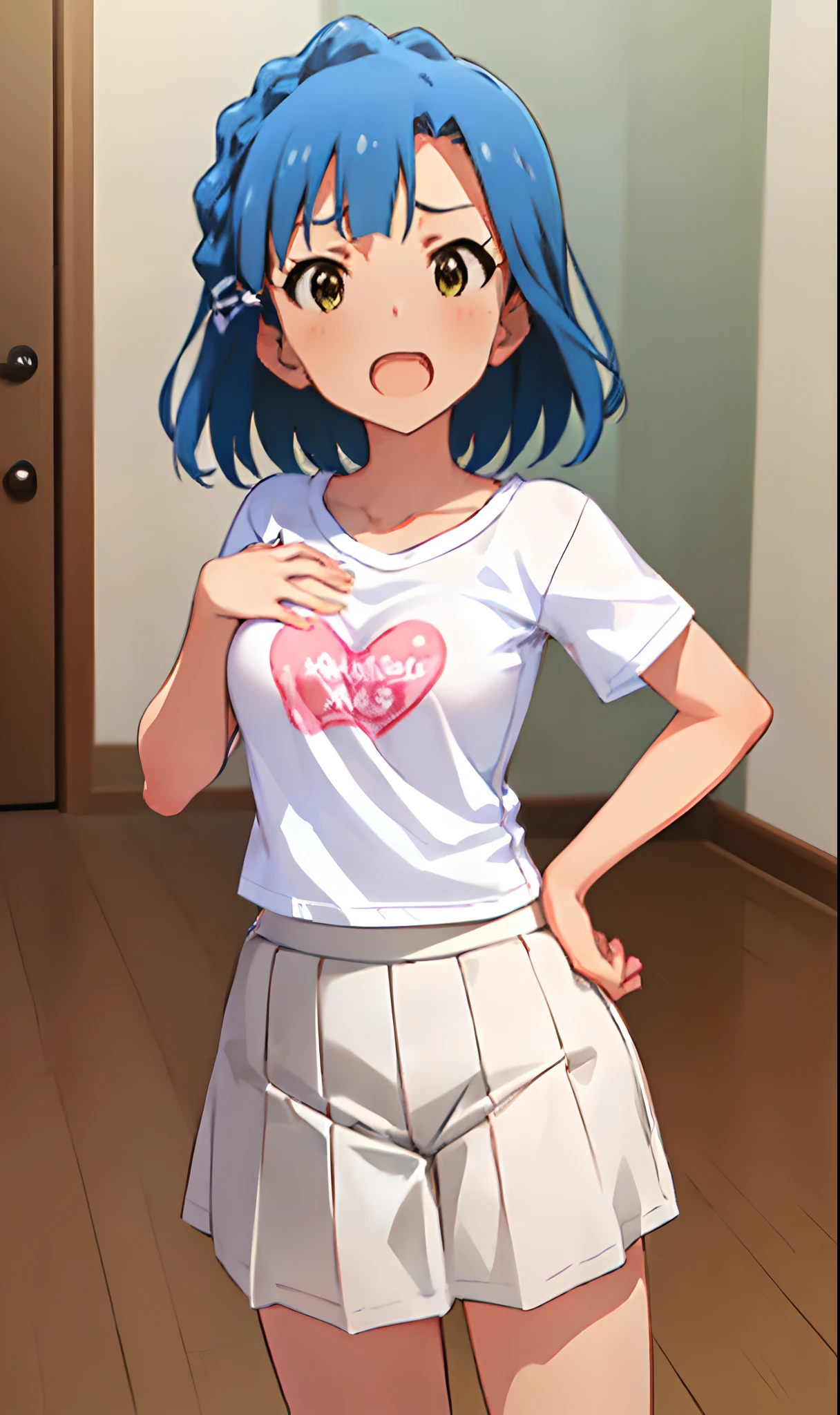 yuriko nanao (million live). Short stature. (((white t-shirts))).(((Skirt))).(((masterpiece))).(((best quality))).((Ultra-detailed))).(((illustratio))). (((put hands on the hip))).(((a room))).(((Clench your fists))).(((up chest))).Despair face.(((short-hair))).((big breasts)).((Opening Mouth)).