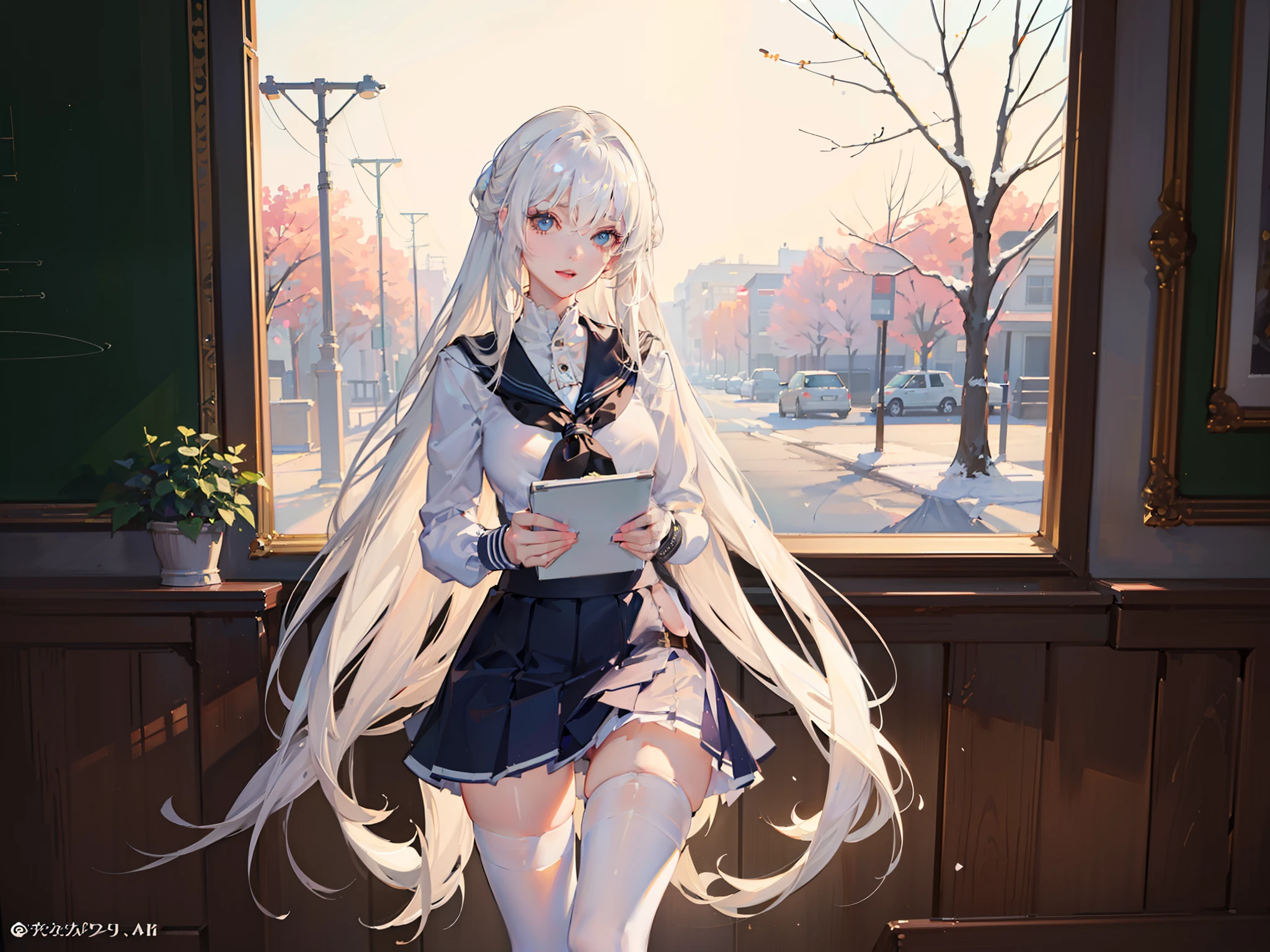 ((Masterpiece,full bodyesbian,girls,being thin》),High details,Best quality.
8K,(Soft light),Cinematic light,Beautiful eyes,
1girll,White hair,white stockings,cozily,clean and meticulous anime art,
art trend,gentlesoftlighting
