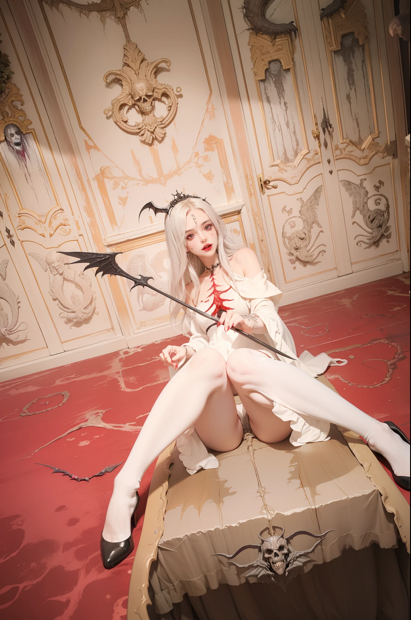 Fine matte paint,Skeleton Dark Angel, Haunted castle with large wings, Fill the drawing table with a knife,terroral,uncanny,horrid,secret terror,tentaculata,grape trees,The eye,uncanny valley effect teeth,all fours,Critters,Blood Moon,Sharp fangs,vampire tooth,Blood