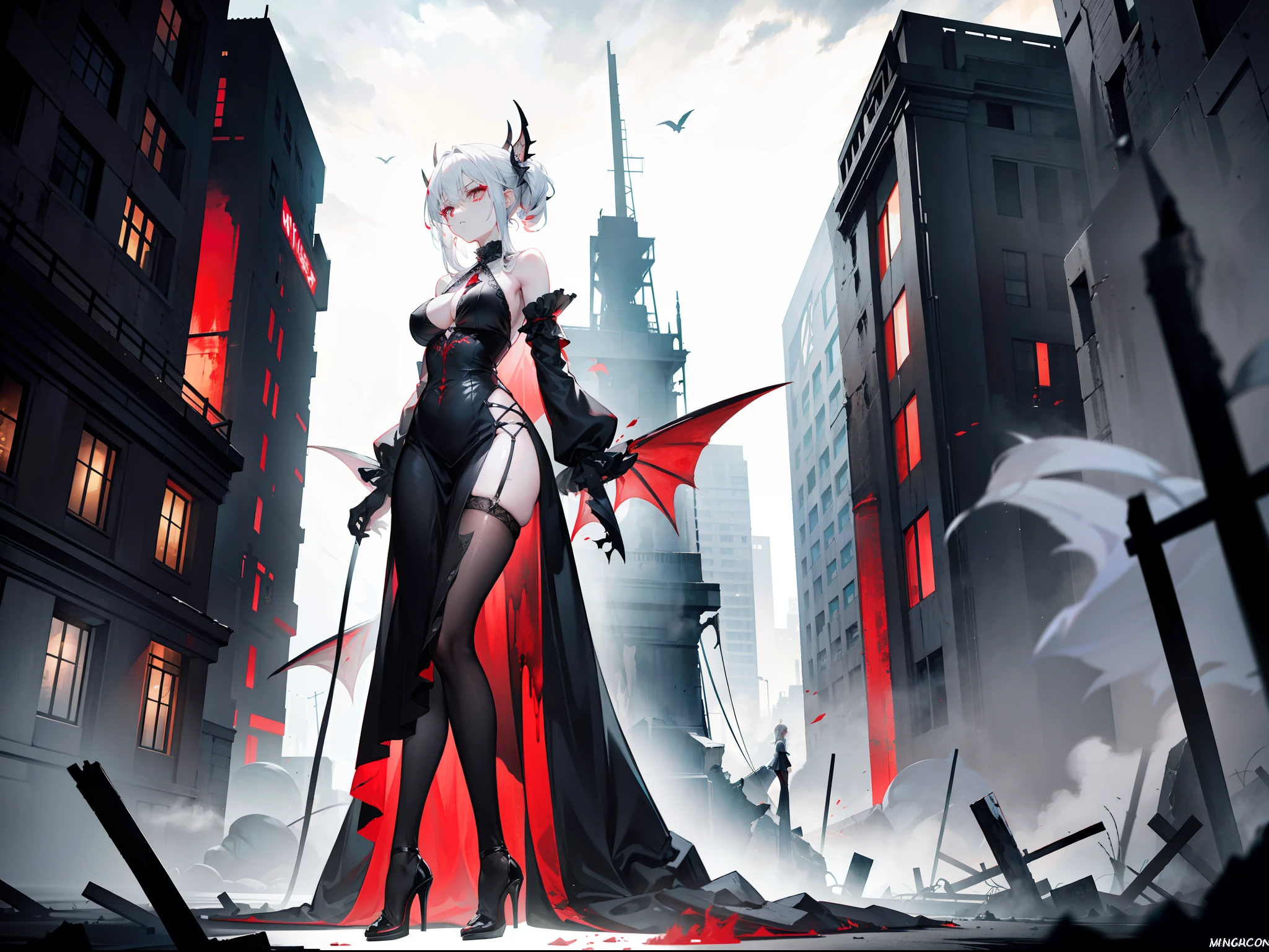 Beautiful girl with white hair,Extremely tall,Extremely thin,Poor milk,Wearing a black dress,Extremely high heels,Master the power of hurricanes,Stand in front of a tornado,Stand in an eerie Gothic building,The figure is extremely tall and slender,The skirt of the dress was blown up by the hurricane,Extremely high heels,Surrounded by hurricanes,The background is a ruined city,Wear black stockings,Blood-stained sword in hand,Be covered in blood,The white hair was stained with red blood,The expression is sinister,Perverted,Murderer,terroral,A pair of huge black wings grew behind him,The demons,White pupils,Blood-red eyelashes,Covered in blood,A pair of huge black wings grew behind him,The demons,The legs are extremely thin,There is no sense of strangulation,Emaciated