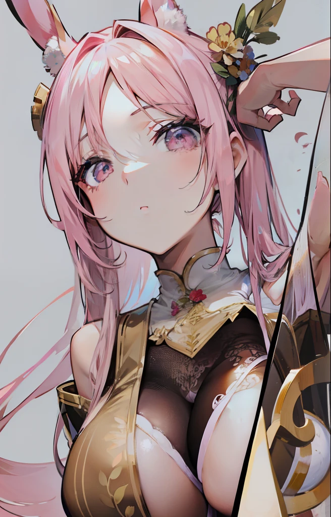 Light pink delicate hair，Sexy big breasts，Affectionate fan eyes，Rabbit ears，dual horsetail