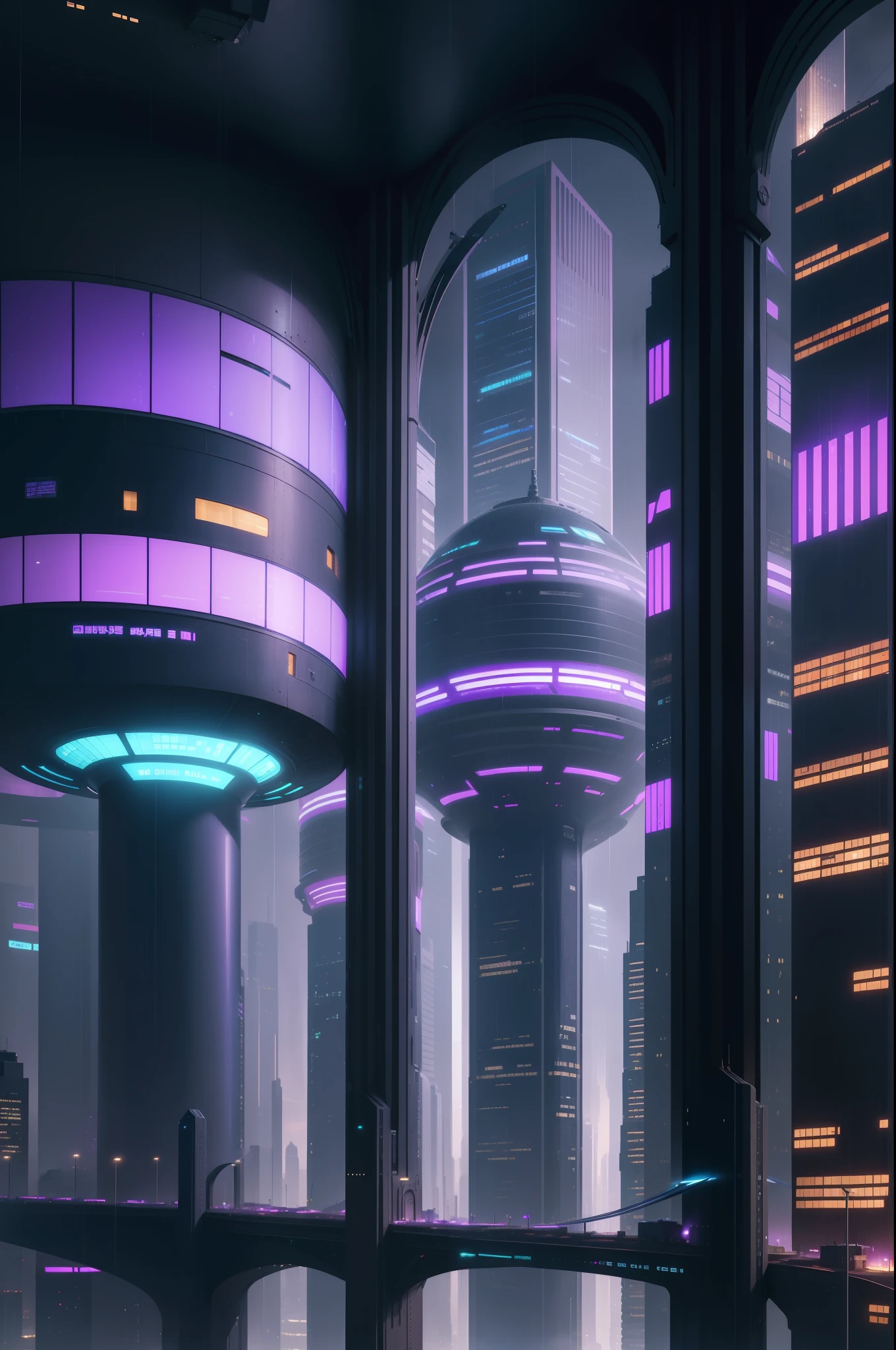 A futuristic and distracted city, with large buildings that defy gravity with their aesthetic designs and illuminated with violet colors, morado, azules y verdes. The lights of futuristic photography vehicles are reflected on the pavement by the rain that falls on the city.. hiperrealista, 8k, Aerial view of major highways at the foot of large buildings.
