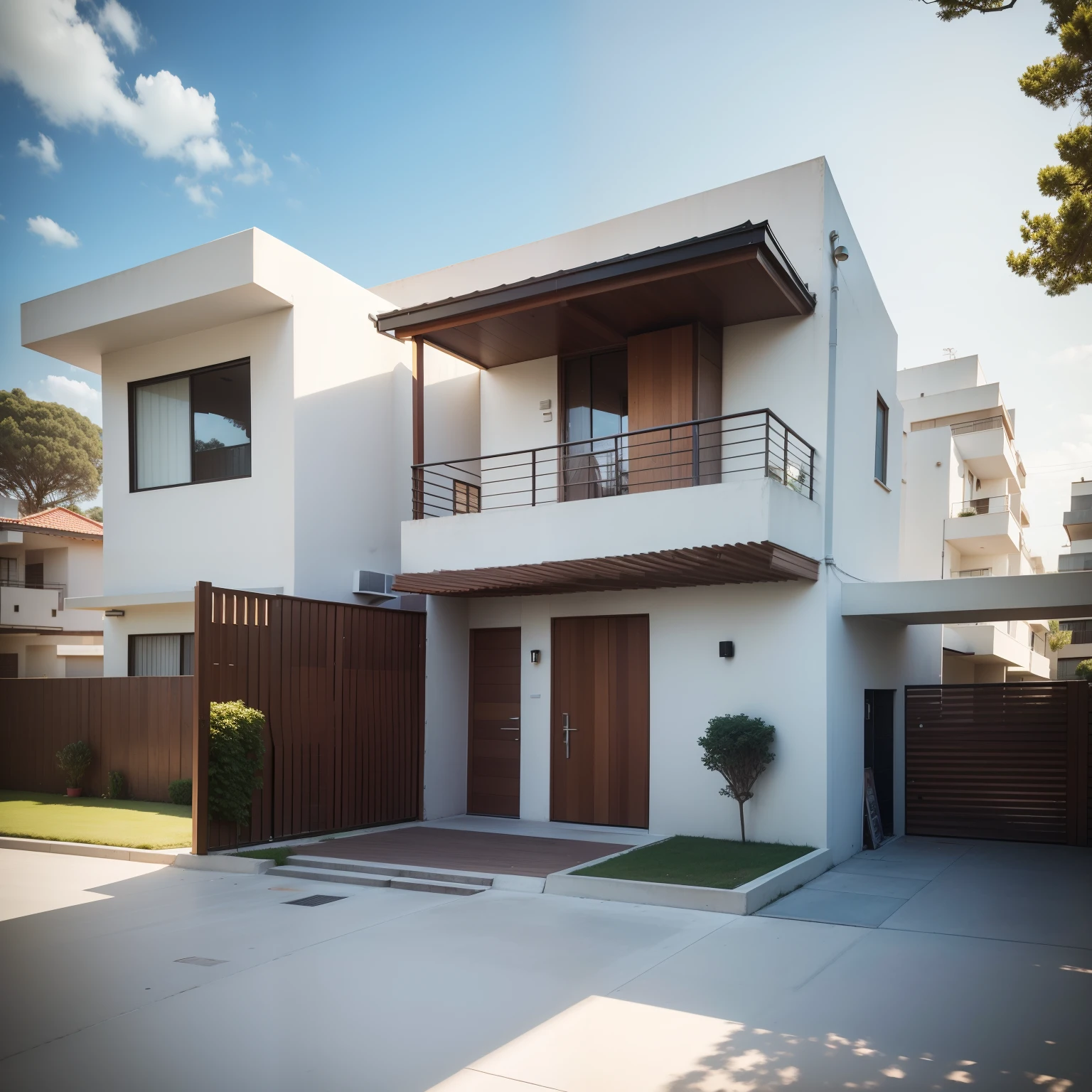 Make a modern home, which is ground floor and a mixture of exposed reinforced concrete and wood, a imagem tem que ser da fachada da casa, You can put up some trees and have it inside a condo with houses next door . Ultra realista, renderizado em formato retrato. A casa tem que ter apenas um andar e seja uma casa atemporal