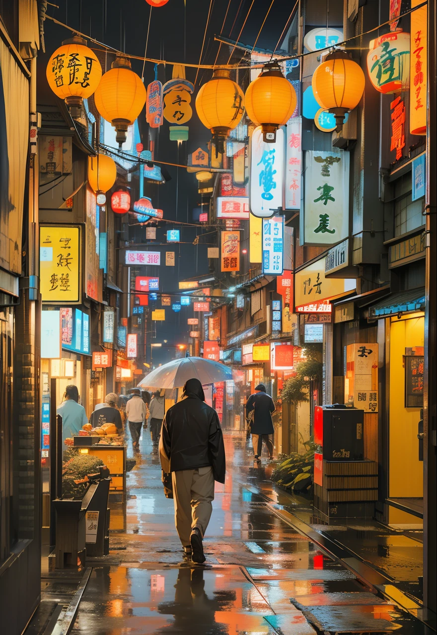 Man walking on the street of the city at night々, japanese street, Busy wet street at night, japanese downtown, cyberpunk streets in japan, japanese city at night, in a japanese town at night, old japanese street market, japanese neon signs, In the streets of Tokyo, quiet tokyo alley at night, heavy rainning at tokyo night, on tokyo street