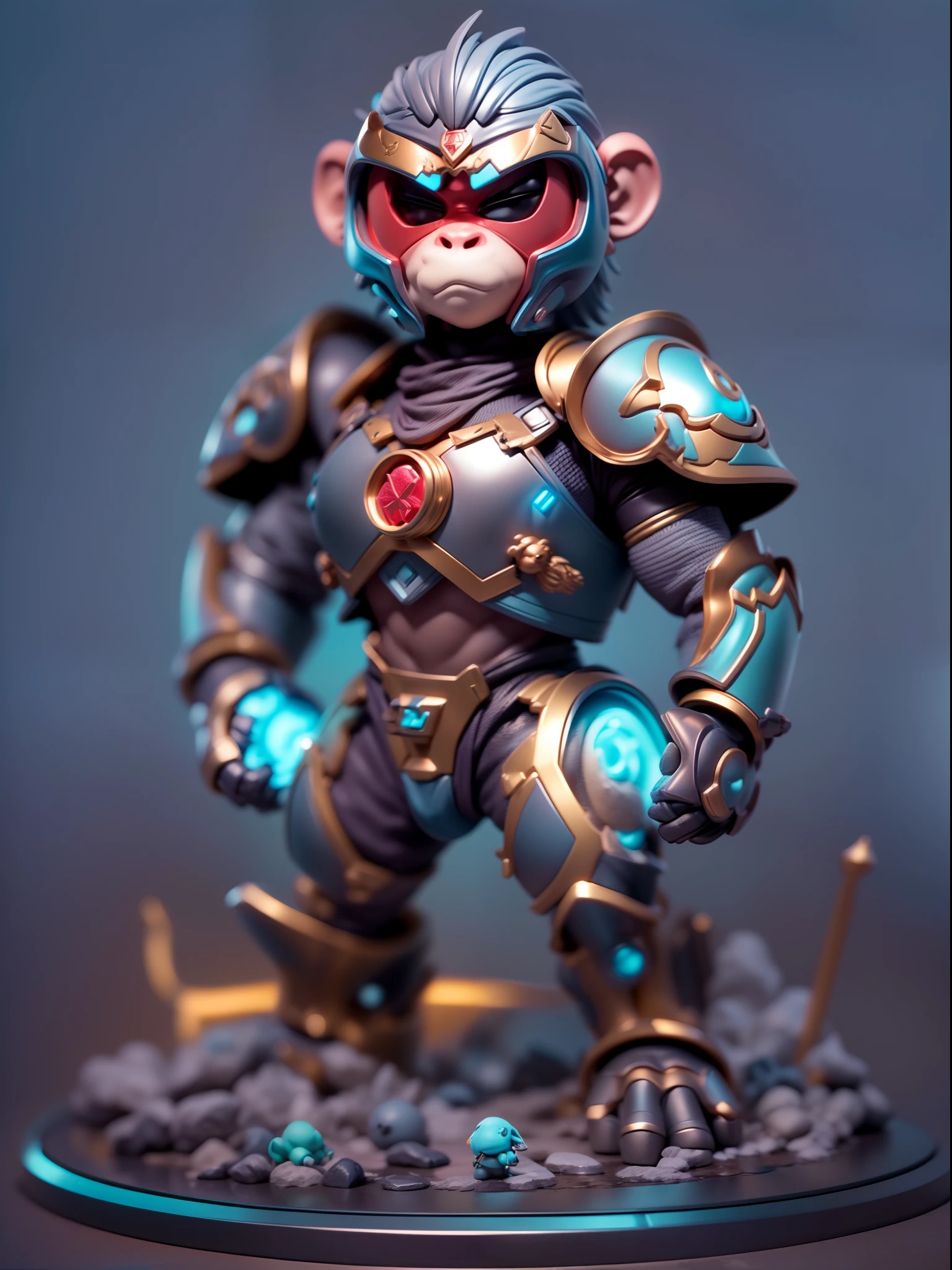(Blind box toy style:1.3),((Full body shot))(anthropomorphism) , (1 strong monkey metal warrior)(((solo))) metal armor,dreamy glow, Clean dark background,Red cyan style,(circular base)( Global illumination, Ray tracing, hdr, unreal render,reasonable design, high detail, Masterpiece, Best quality, hyper HD, Cinematic lighting)