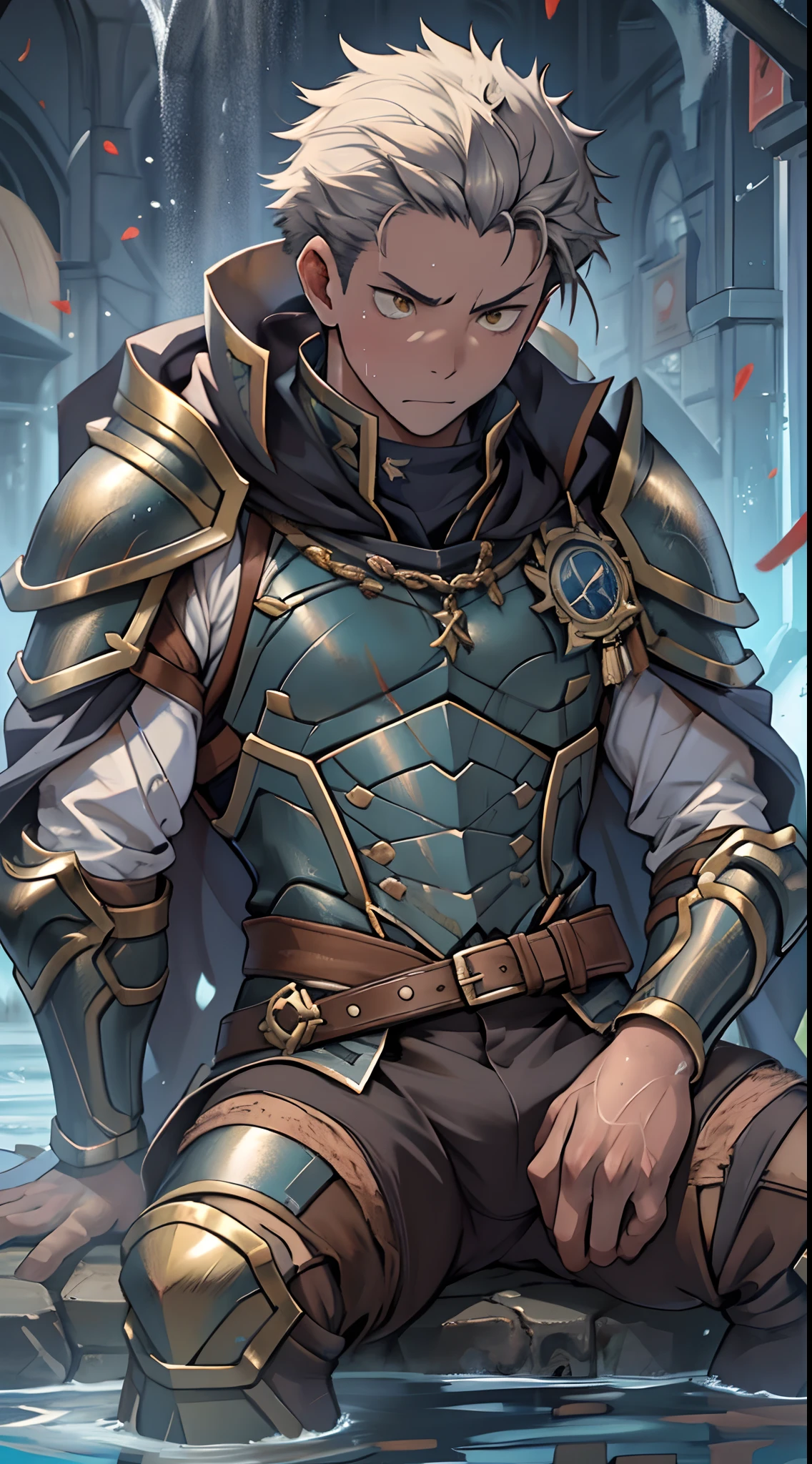 (1 Adult male),A high resolution, Sharp focus, Pixiv masterpiece, ((Complicated details)), highly detailed, natsuki_subaru, 1 man,Wearing armor,perfect male figure,Urine on the trouser leg, Nervously bow your head,is shy,embarressed,exhilarated,is shocked,panicking,worry,A pool of urine formed around him,Very eager to pee,Unbearable,Wet yourself,Urine discharge,full bodyesbian,sit astride,Tired,decadent, Yellow eyes(eyes glowing), Short gray hair,White armor,Tie a belt,Cloaked,Cloak,Shoulder armor,perspire,Drenched,Get wet,pissing,urine flows down the pants,look from down