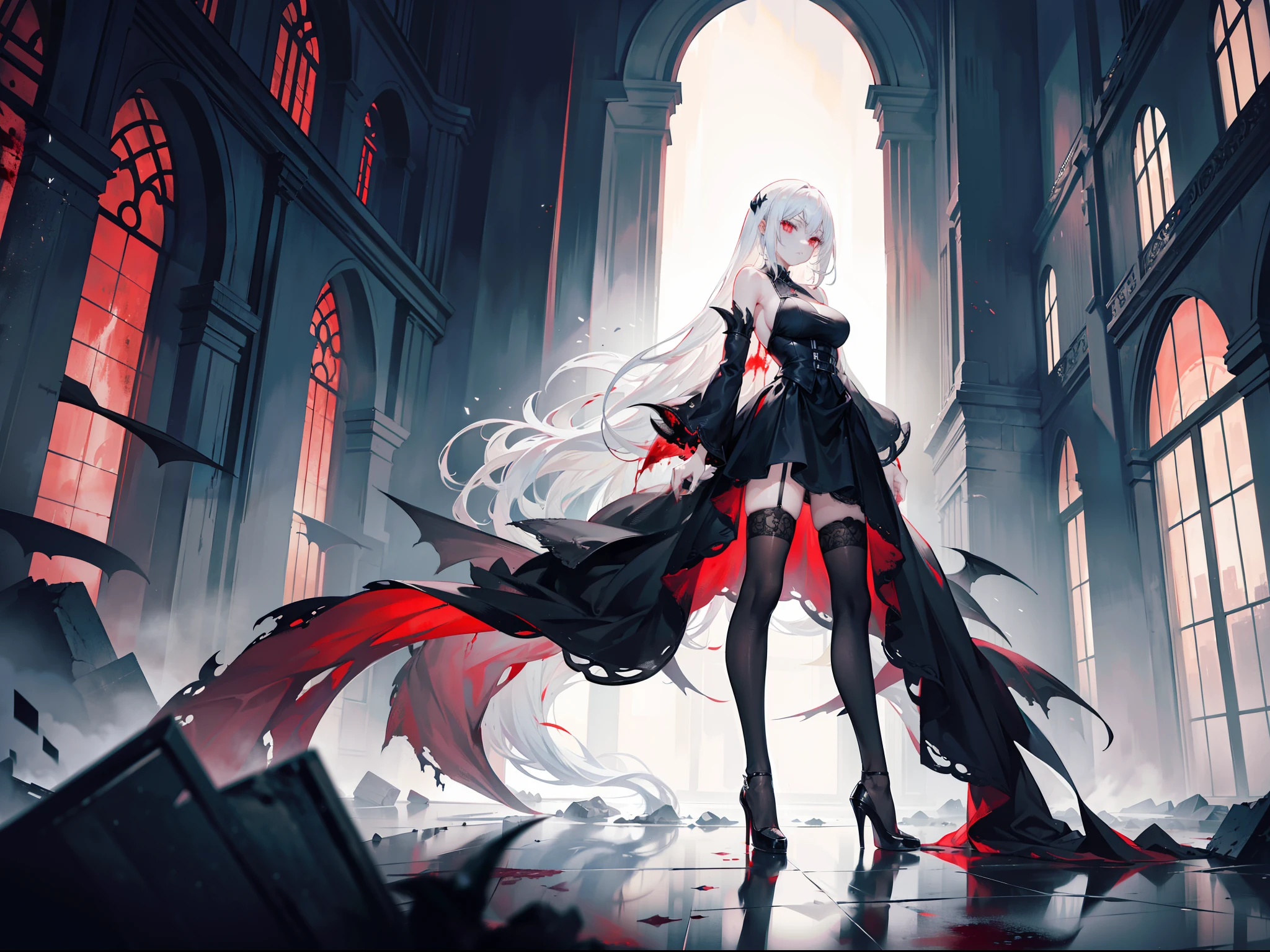 Beautiful girl with white hair，with hair dishevelled，long whitr hair，The ends of the hair gradually turn black，Extremely tall，Thin，Wearing a black dress，Black stockings for the whole leg，Extremely high black heels，face expressionless，Sick，red pupils，Be covered in blood，Standing among the ruins of a city covered with corpses，Perverted murderer，The demons，Extremely thin and tall，The legs are very thin，There is a pair of black wings behind him，terroral，The legs are very long，The body is extremely thin，There are red blood stains under the eyes，The body was covered in blood