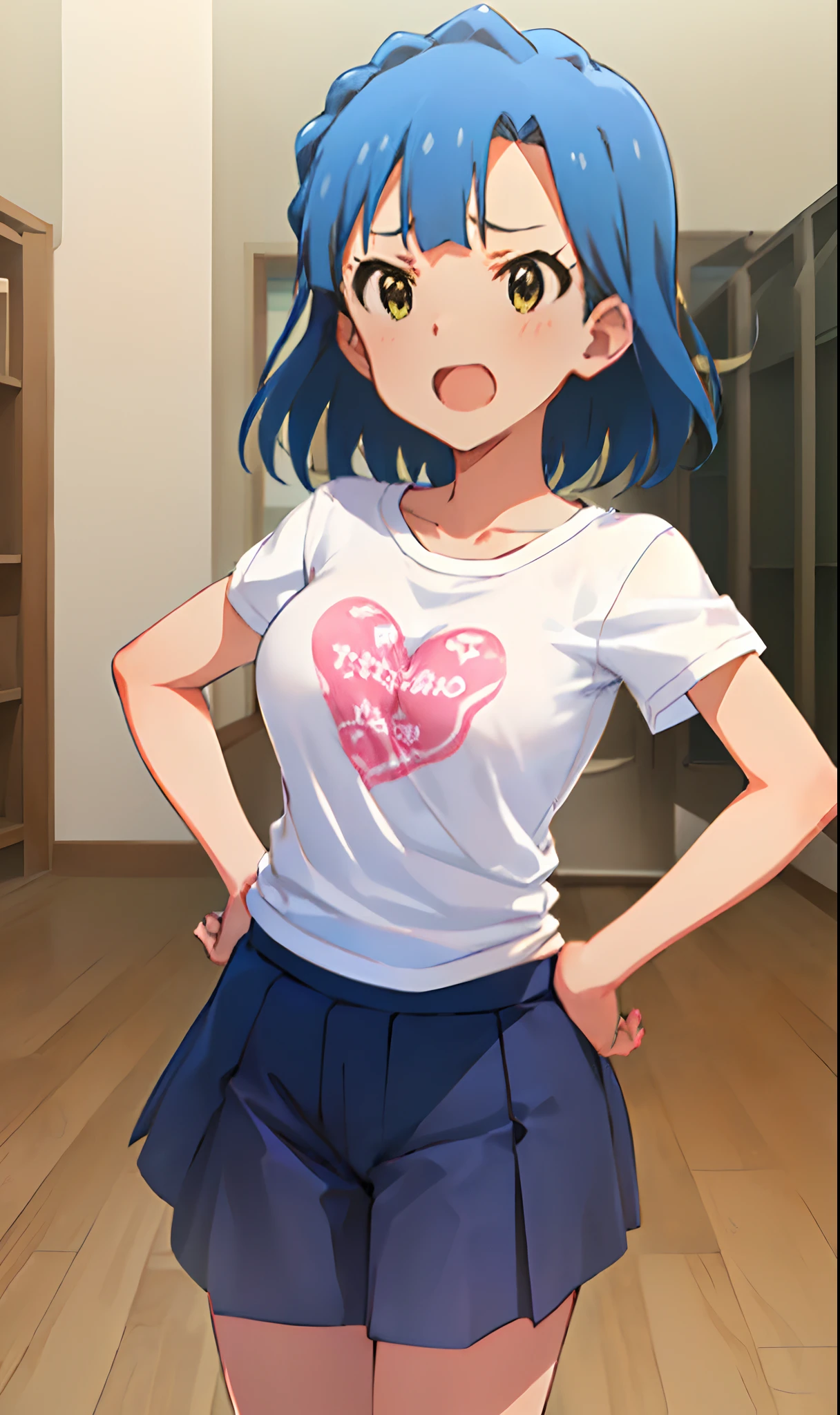 yuriko nanao (million live). Short stature. (((white t-shirts))).(((Skirt))).(((masterpiece))).(((best quality))).((Ultra-detailed))).(((illustratio))). (((put hands on the hip))).(((a room))).(((make a fist))).(((up chest))).Despair face.((short-hair)).((big breasts)).((Opening Mouth)).