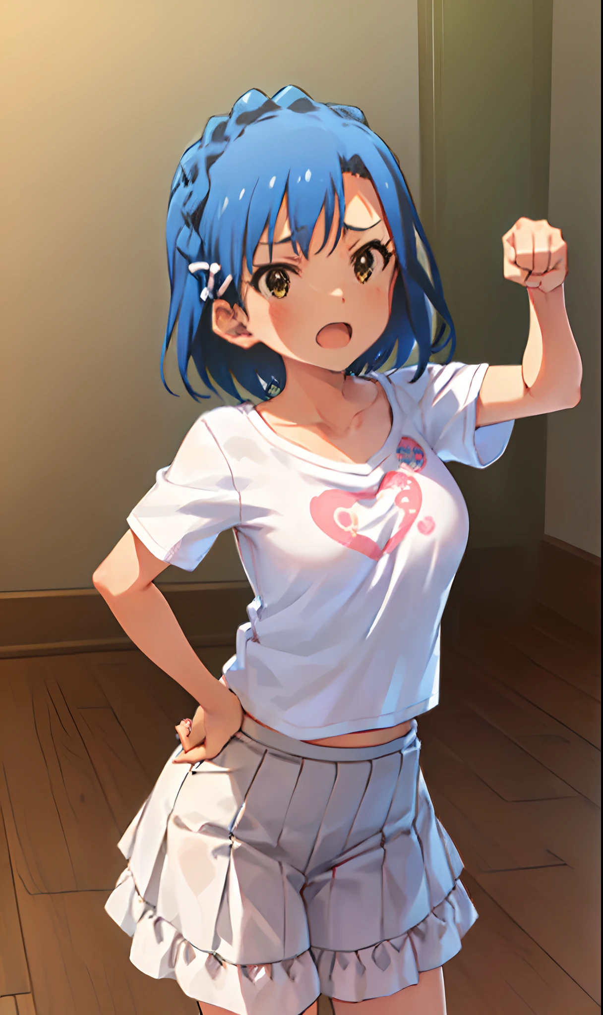 yuriko nanao (million live). Short stature. (((white t-shirts))).(((Skirt))).(((masterpiece))).(((best quality))).((Ultra-detailed))).(((illustratio))). (((fighting stance))).(((a room))).(((make a fist))).(((up chest))).Despair face.(((short-hair))).((big breasts)).((Opening Mouth)).