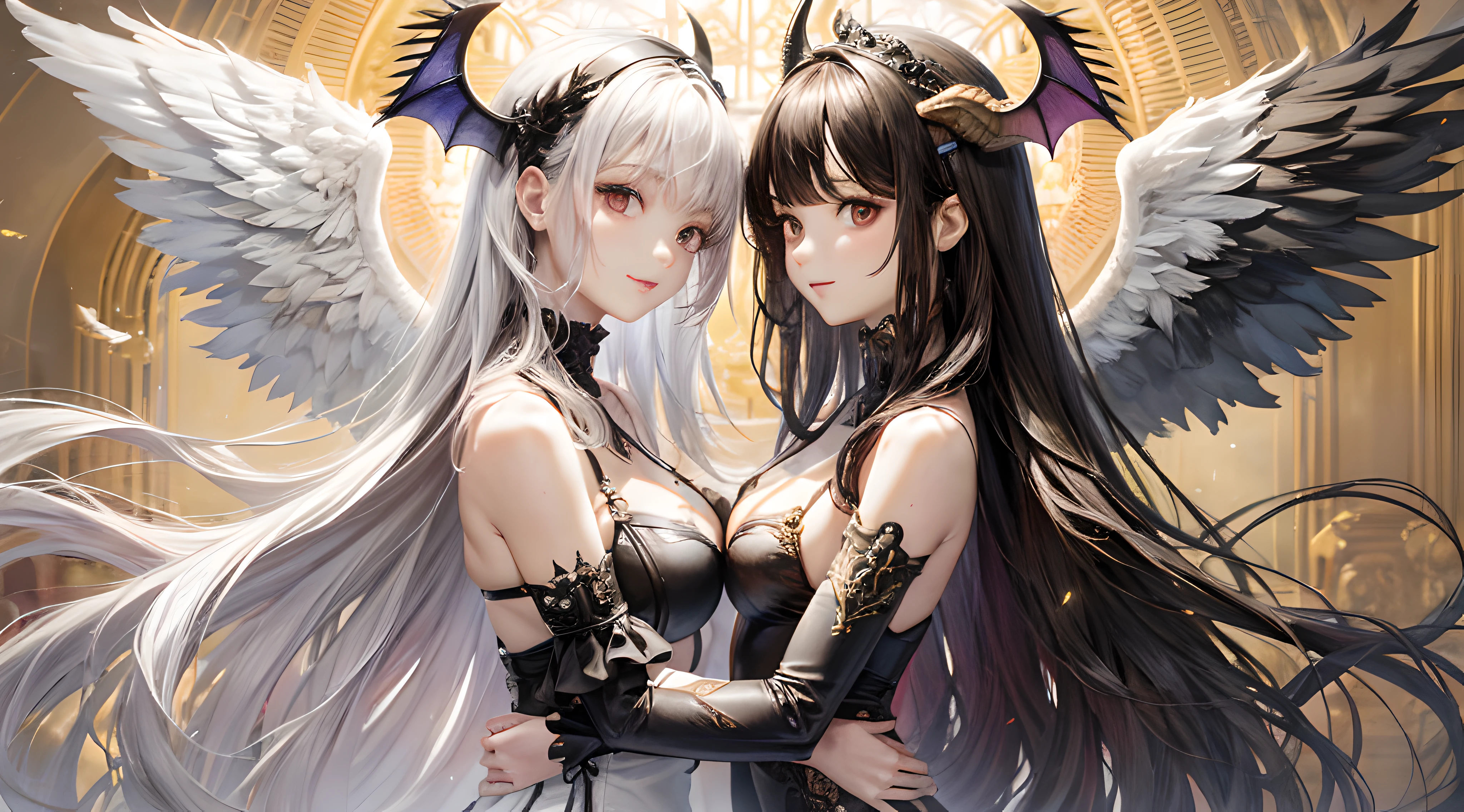 （2girls）, （Angels and demons）, （twins）, （Wings）, （Long silver hair and long black hair）, （Delicate glowing pretty face and delicate dark pretty face）, （Detailed eyes:1.2）（The aperture on the top of the head of the girl on the left and the horn on the top of the head of the girl on the right）, （White holy wings and black demon wings）, Hug together, （enormously detailed:1.3）,Side face to side face， Light smile, baroque, Abstractionism, Ray tracing, reflective light, blend, stereograms, reference sheet, move chart, projected inset, symetry, Cowboy shot, Caustics, Wide-angle, The ultra -The high-definition, 巨作, ccurate, Textured skin, Super detail, High details, High quality, A high resolution, 8K，ultra-definition