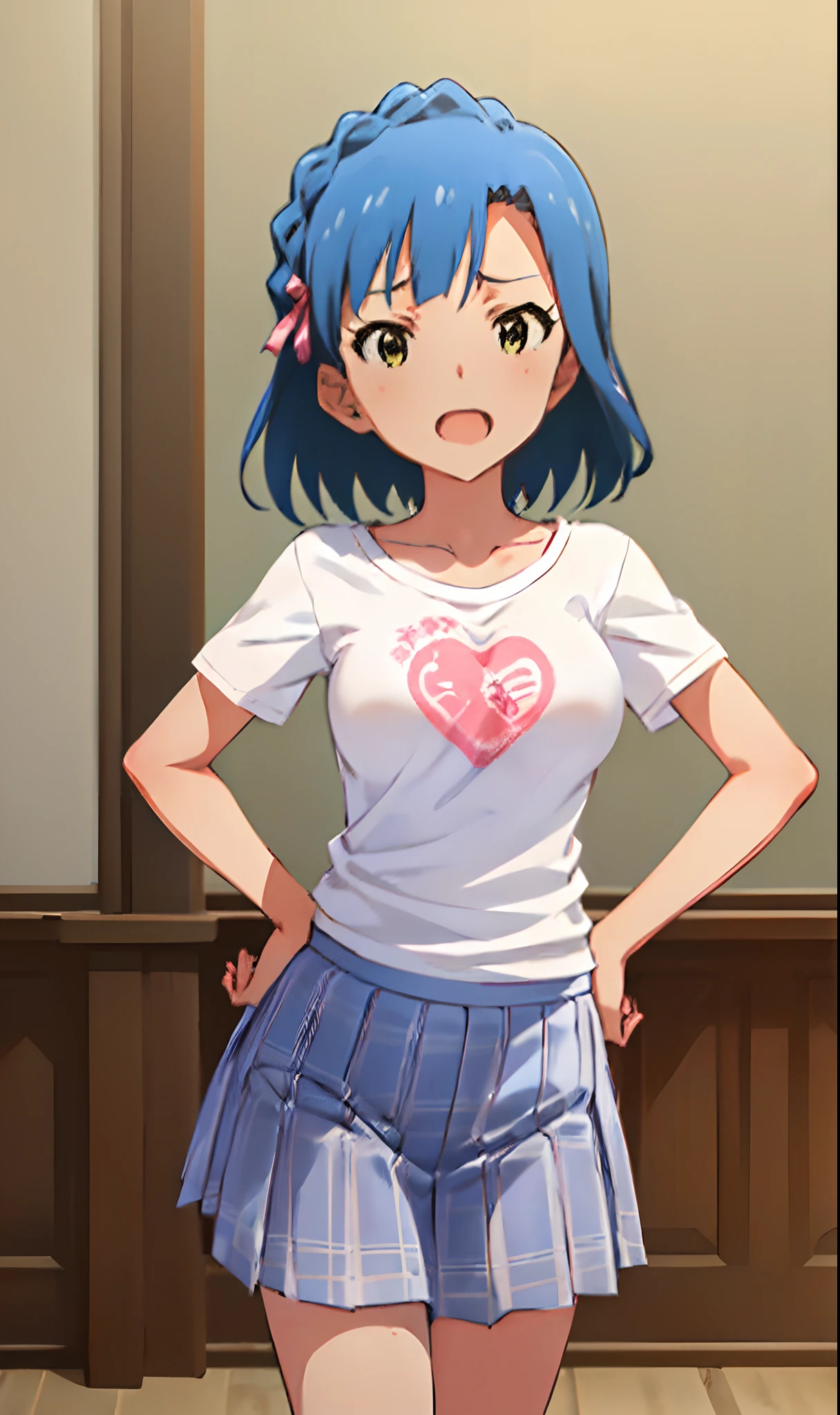 yuriko nanao (million live). Short stature. (((white t-shirts))).(((Skirt))).(((masterpiece))).(((best quality))).((Ultra-detailed))).(((illustratio))). (((fighting stance))).(((a room))).(((make a fist))).(((up chest))).Despair face.(((short-hair))).((big breasts)).((Opening Mouth)).