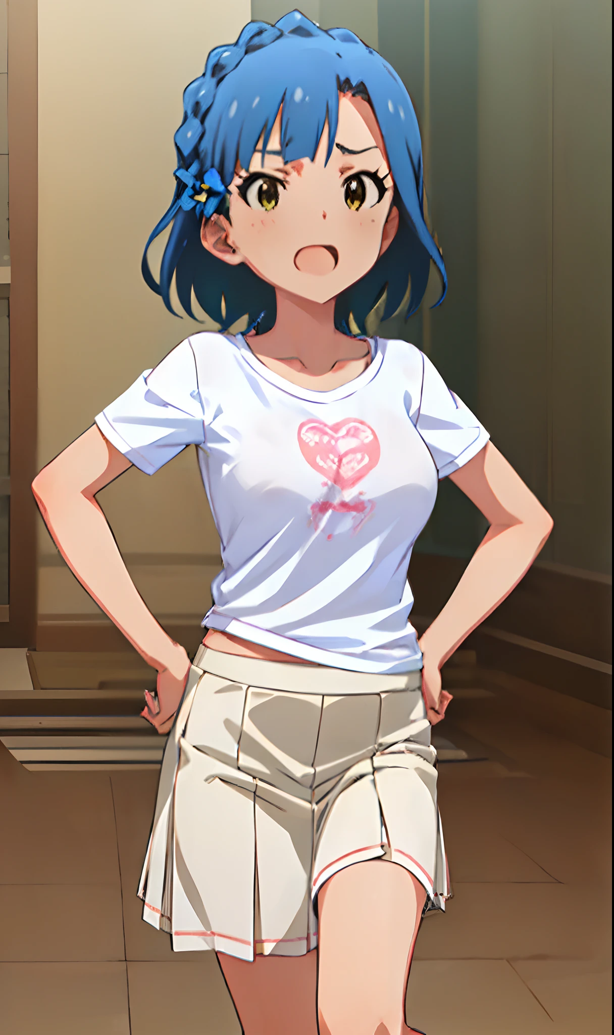 yuriko nanao (million live). Short stature. (((white t-shirts))).(((Skirt))).(((masterpiece))).(((best quality))).((Ultra-detailed))).(((illustratio))). (((fighting stance))).(((a room))).(((make a fist))).(((up chest))).Despair face.(((short-hair))).((big breasts)).((Opening Mouth)).