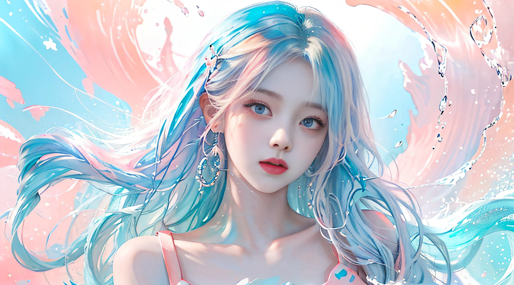 (Masterpiece, Best Quality, High Resolution), White Background, Acrylic Paint, ((Color Splash, Splash of Ink, Color Splash)), Sweet Chinese Girl, Long Light Blue Hair, [Light Blue|Pink] Hair, Curly Hair, Glitter, Peach Lips, White Shirt, Front, Upper Body