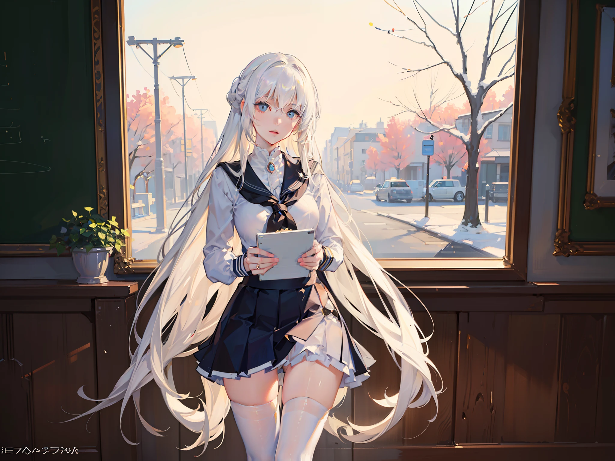((Masterpiece，full bodyesbian，schoolgirls，being thin》)，High details，Best quality.
8K，（Soft light），Cinematic light，Beautiful eyes,
1girll，White hair，white stockings，cozily，clean and meticulous anime art，
art trend，gentlesoftlighting