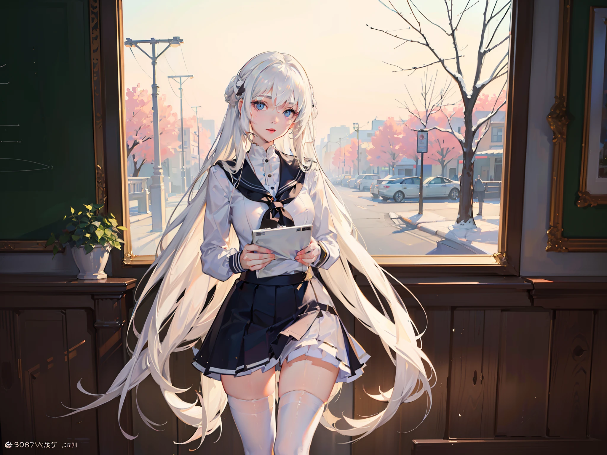 ((Masterpiece，full bodyesbian，girls，being thin》)，High details，Best quality.
8K，（Soft light），Cinematic light，Beautiful eyes,
1girll，White hair，white stockings，cozily，clean and meticulous anime art，
art trend，gentlesoftlighting