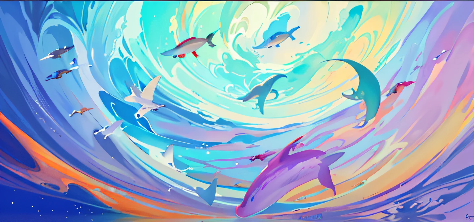 There are many dolphins swimming in the sea, Inspired by Cyril Rolando, sky whales, 4 k hd illustrative wallpaper, colorful concept art, dreamy psychedelic anime, colorful anime movie background, octane，8K，Realistic，Fine