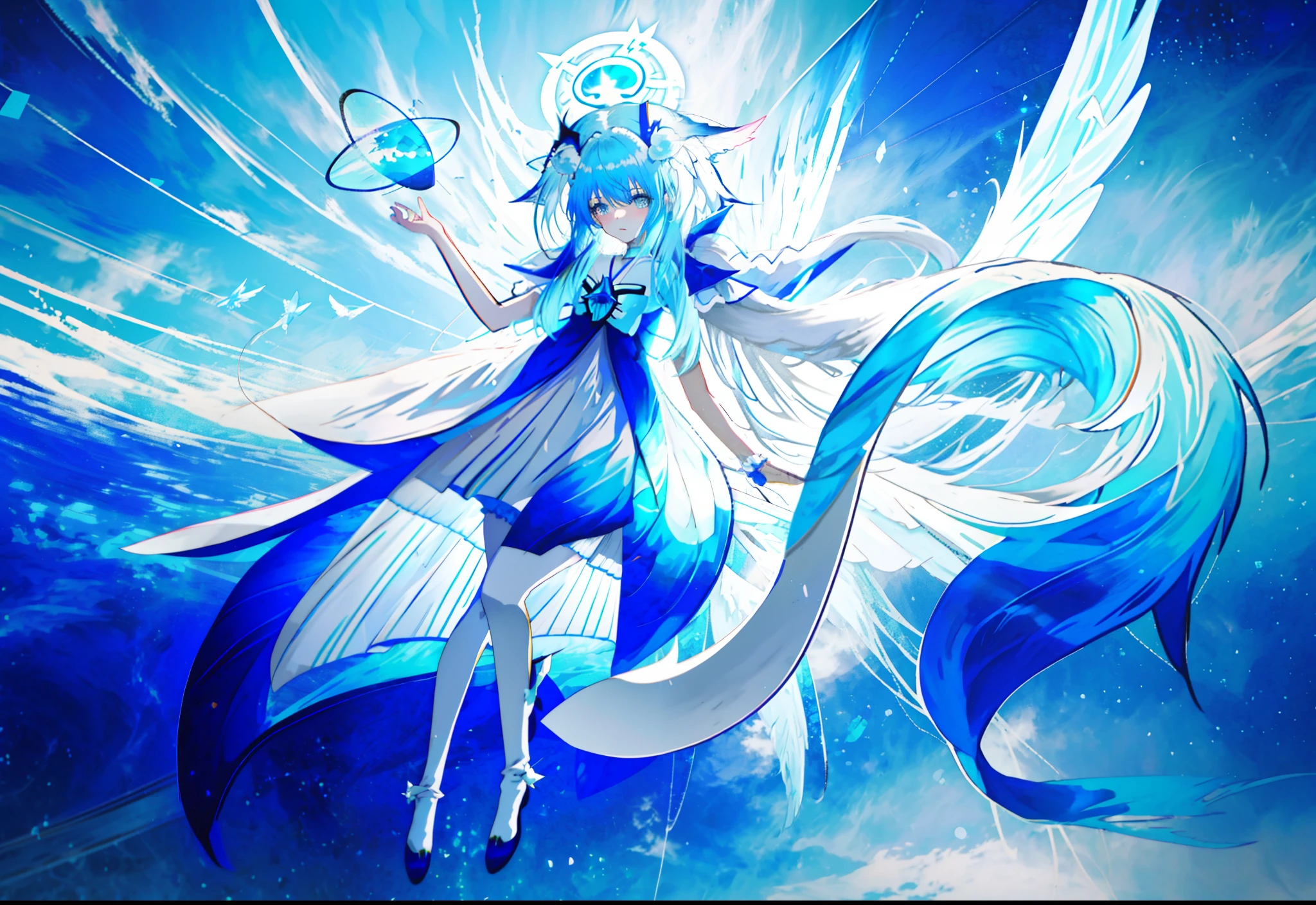 Anime girl with blue hair and white dress, full body adoptable, long haired humanoid fursona, rimuru tempest, White-haired god, sky witch, anime girl with cosmic hair, Anime monster girl, astral fairy,  astral ethereal, Anime goddess, shirabii, furaffinity fursona, celestial aura