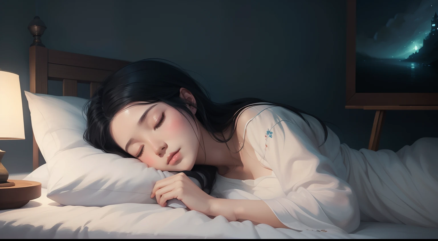 There is a woman sleeping in a bed with a white sheet, soft digital painting, soft illustration, artwork in the style of guweiz, serene illustration, blurry and dreamy illustration, calm night. digital illustration, realistic cute girl painting, realistic digital painting, painted in painter studio, realistic illustration, realistic artstyle, dreamy illustration, adorable digital painting