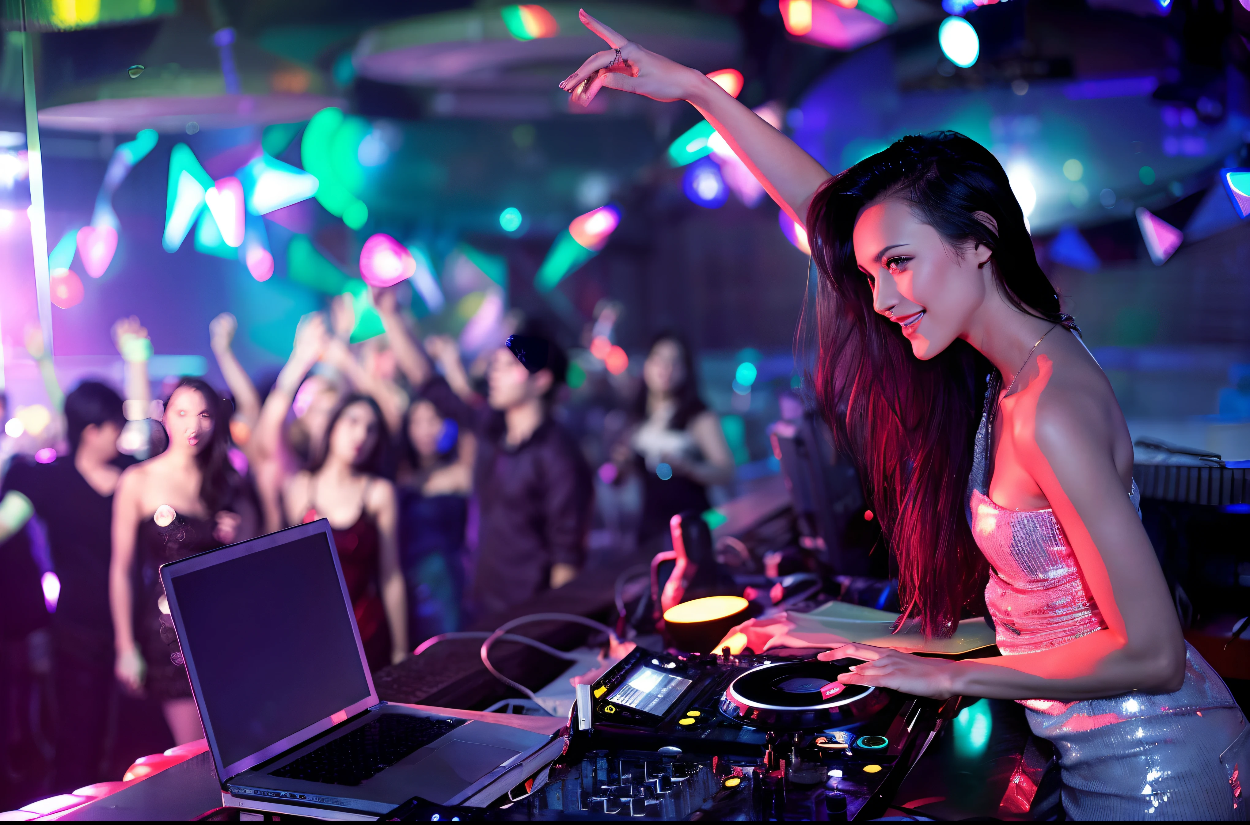 tmasterpiece,high qulity,A cool girl,ssmile,DJ,DJing,Sexy body,Cool DJ equipment,,The background is the audience inside the nightclub,The background is blurred out,Movie lighting,wide wide shot,4K,8K