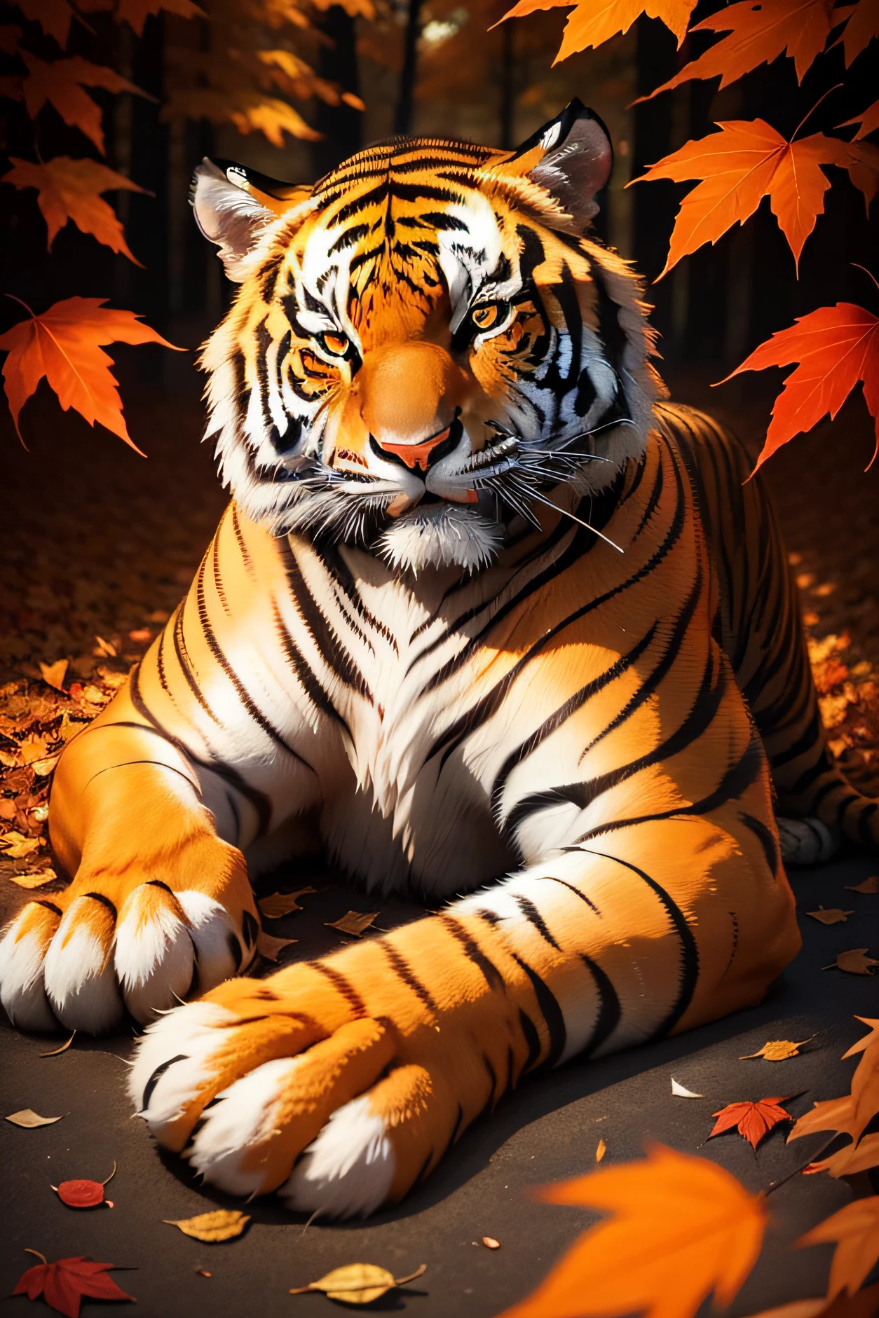 A tiger composed of autumn leaves,grain,solid,Light,Realiy,Autumn leaves,The sun is dazzling