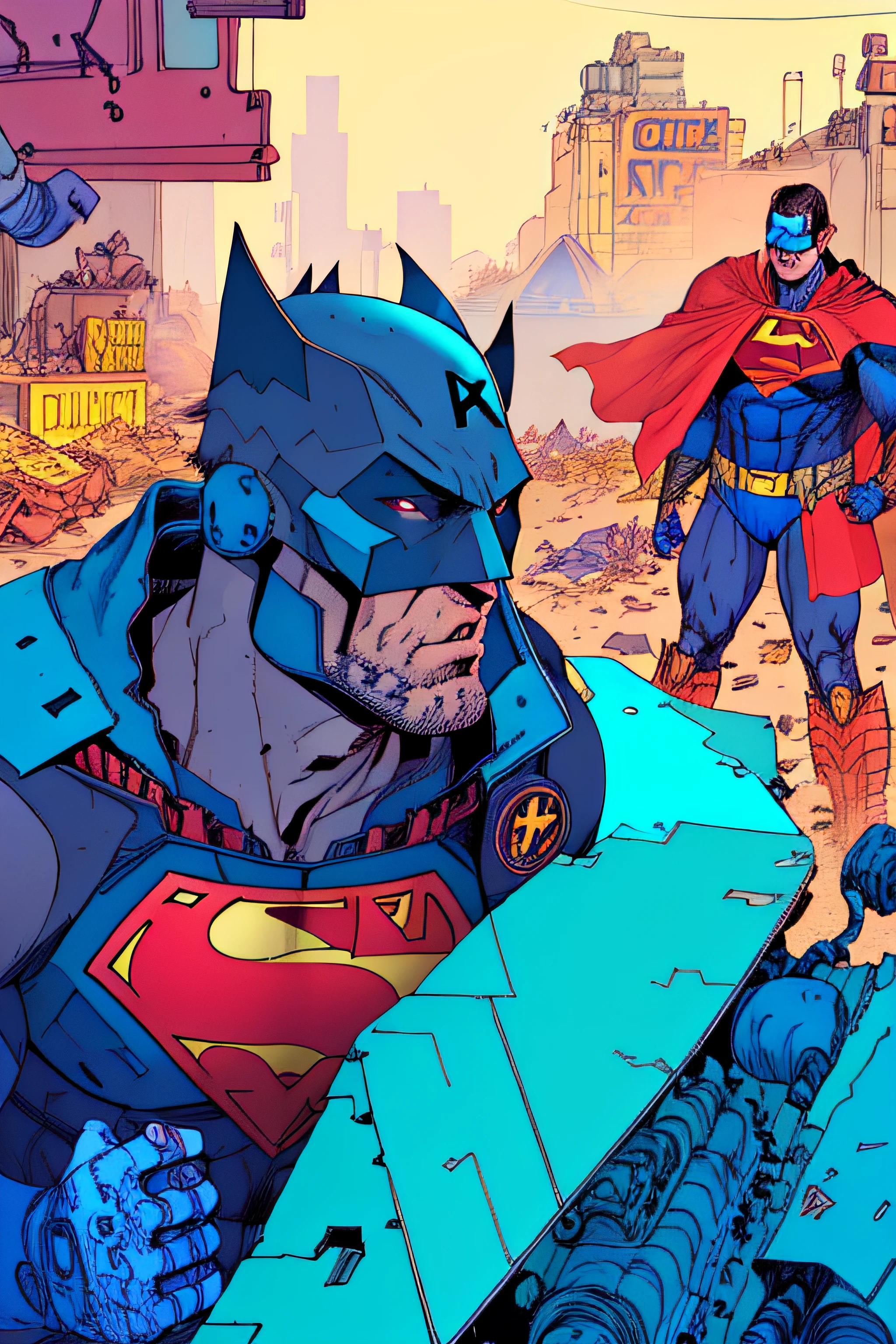 batman and superman hangover on junkyard, by josan gonzalez