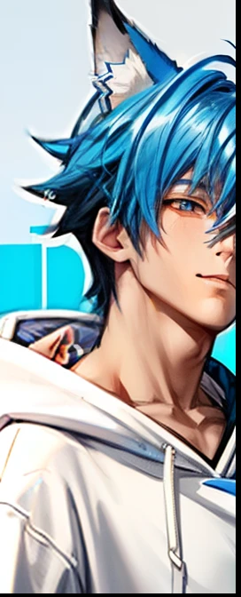 a close up of a boy with a blue hair and blue drooping fox ears wearing a white hoodie, anime style, closeup picture, sprite 2 d, anime vtuber closeup model, full head, upper half body