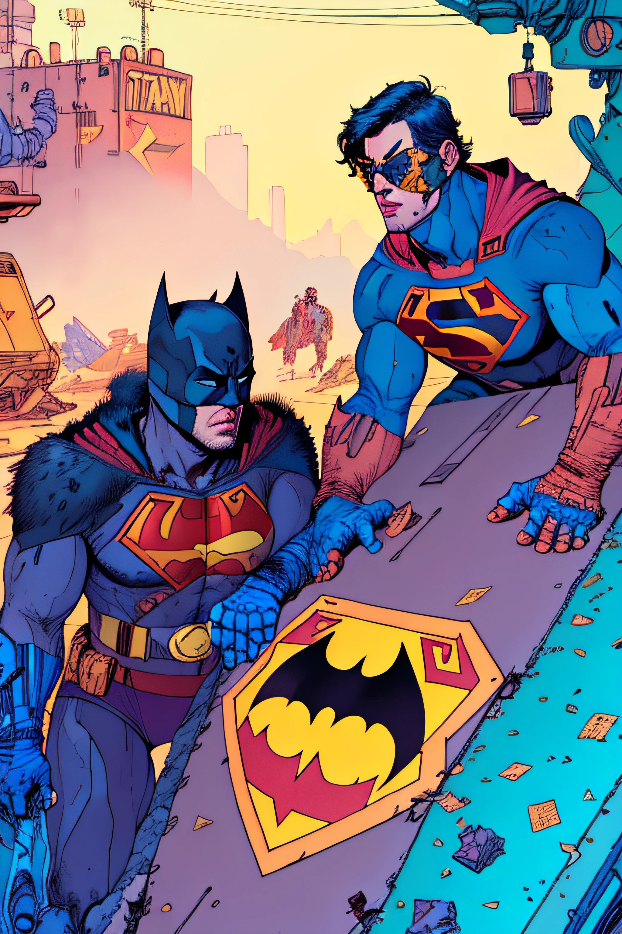 batman and superman hangover on junkyard, by josan gonzalez