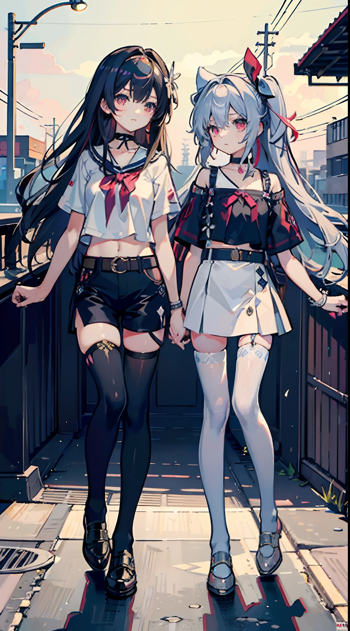 ,twins, Masterpiece,Best quality,offcial art,Extremely detailed Cg Unity 8K wallpaper, 2girls, cute female child, Yuri, hair adornments, Short shorts, Crop top, Pantyhose, ribbon_choker necklace, leg belt,