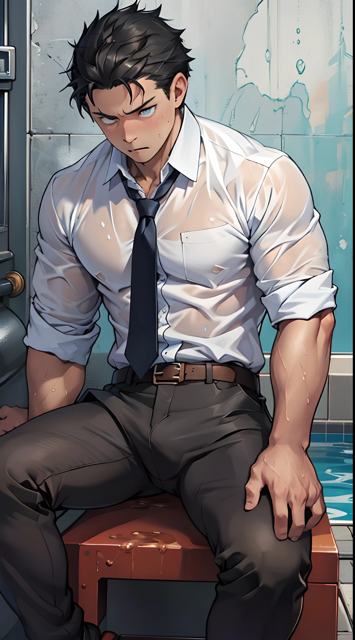 （1 Adult male），A high resolution， Sharp focus， Pixiv masterpiece， （（Complicated details））， highly  detailed， natsuki_subaru， 1 man，perfect male figure，Urine on the trouser leg， Nervously bow your head，is shy，embarressed，exhilarated，is shocked，panicking，worry，A pool of urine formed around him，Very eager to pee，Unbearable，Wet yourself，Urine discharge，full bodyesbian，sit astride，Tired，decadent， blue color eyes（eyes glowing）， Black hair short hair，white  shirt，Wear a tie，Wear a belt，trousers，perspire，Drenched，Get wet，pissing，urine flows down the pants，look from down